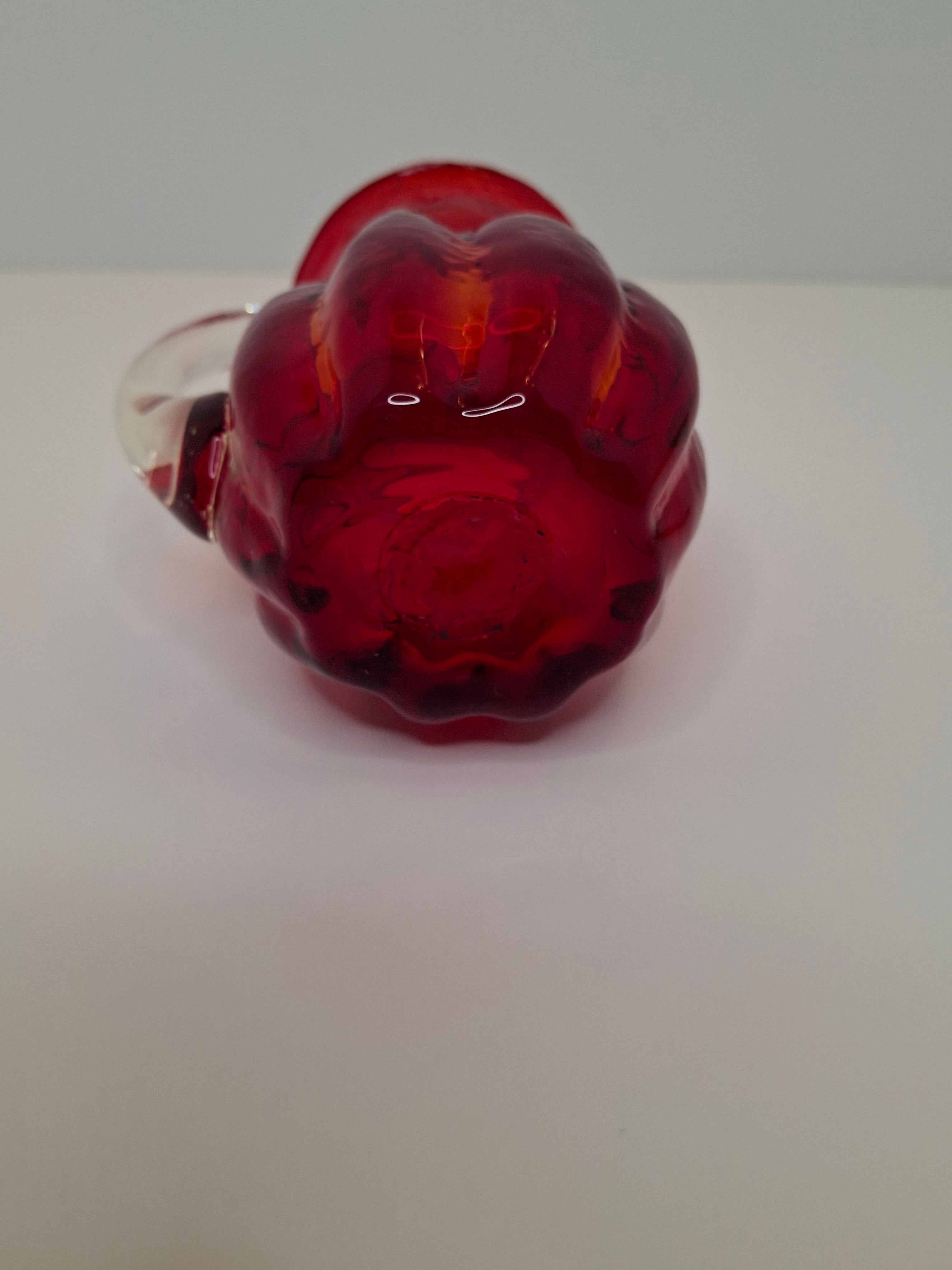 Circa late 1800s to 1940s Hand-Blown Ruby Red Cranberry Glass Creamer w/ Clear Applied Handle & Pontil