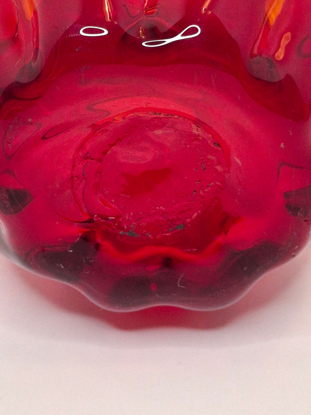 Circa late 1800s to 1940s Hand-Blown Ruby Red Cranberry Glass Creamer w/ Clear Applied Handle & Pontil