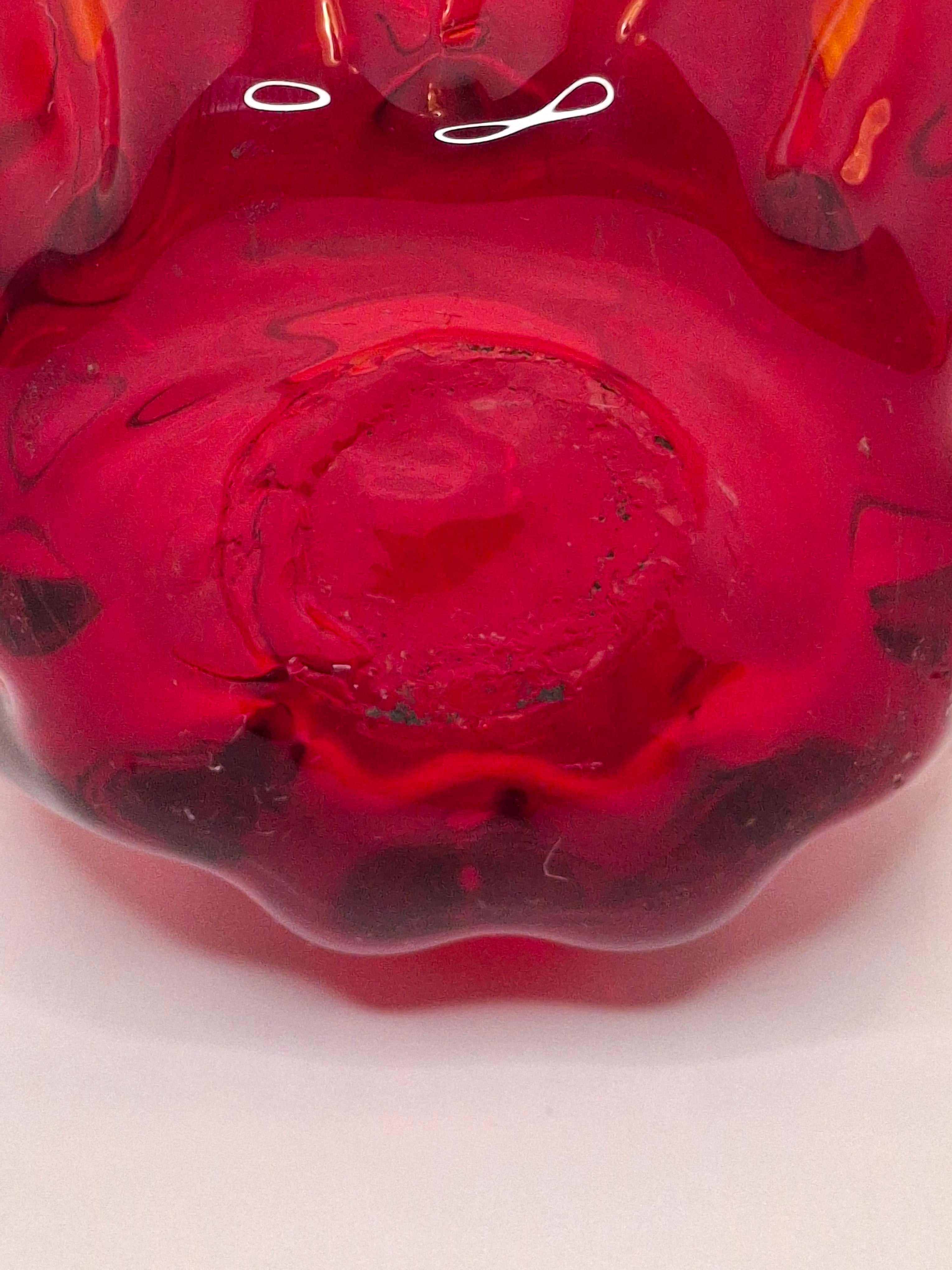 Circa late 1800s to 1940s Hand-Blown Ruby Red Cranberry Glass Creamer w/ Clear Applied Handle & Pontil