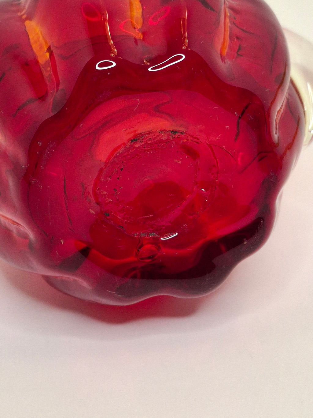 Circa late 1800s to 1940s Hand-Blown Ruby Red Cranberry Glass Creamer w/ Clear Applied Handle & Pontil
