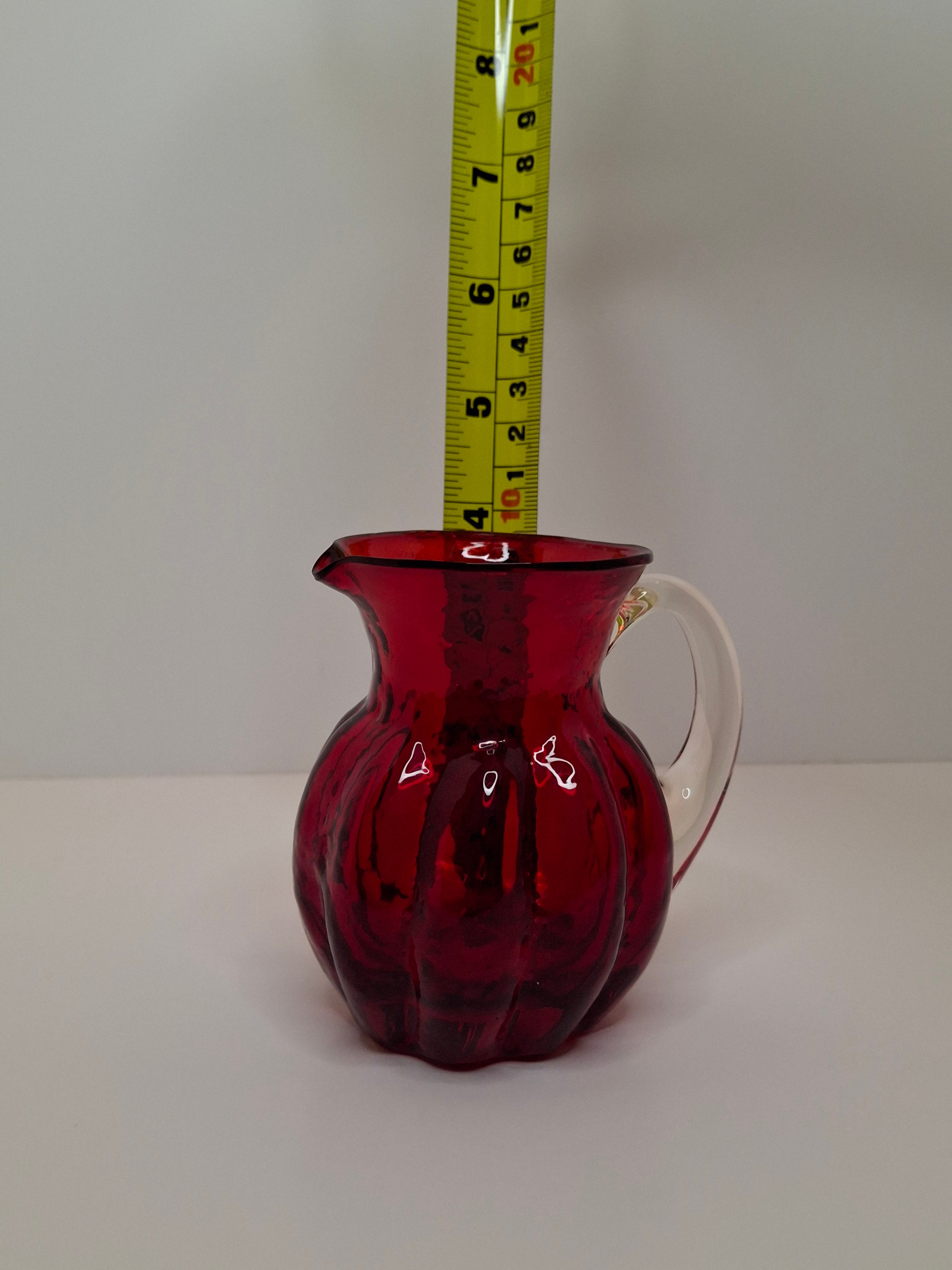Circa late 1800s to 1940s Hand-Blown Ruby Red Cranberry Glass Creamer w/ Clear Applied Handle & Pontil