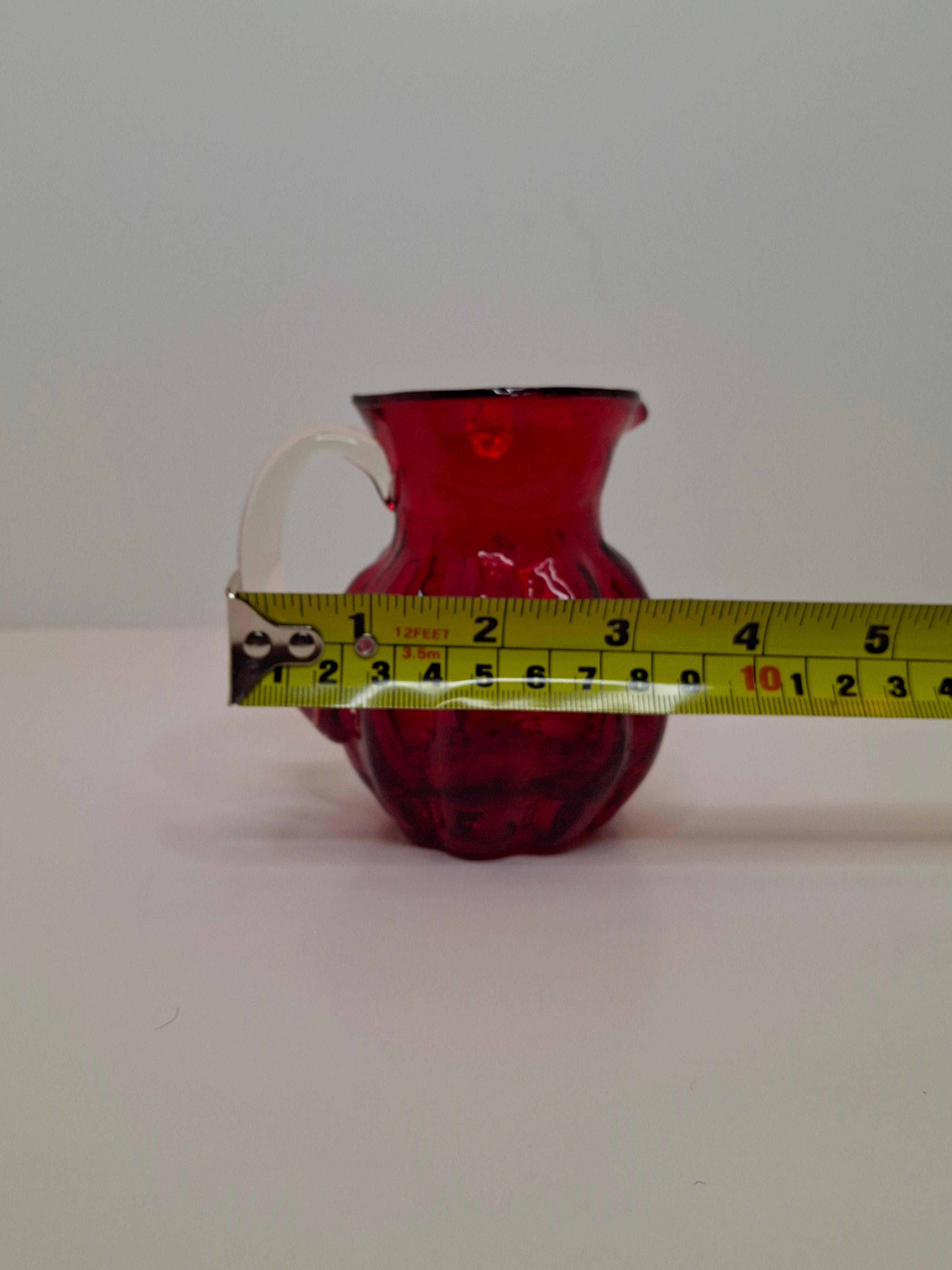 Circa late 1800s to 1940s Hand-Blown Ruby Red Cranberry Glass Creamer w/ Clear Applied Handle & Pontil