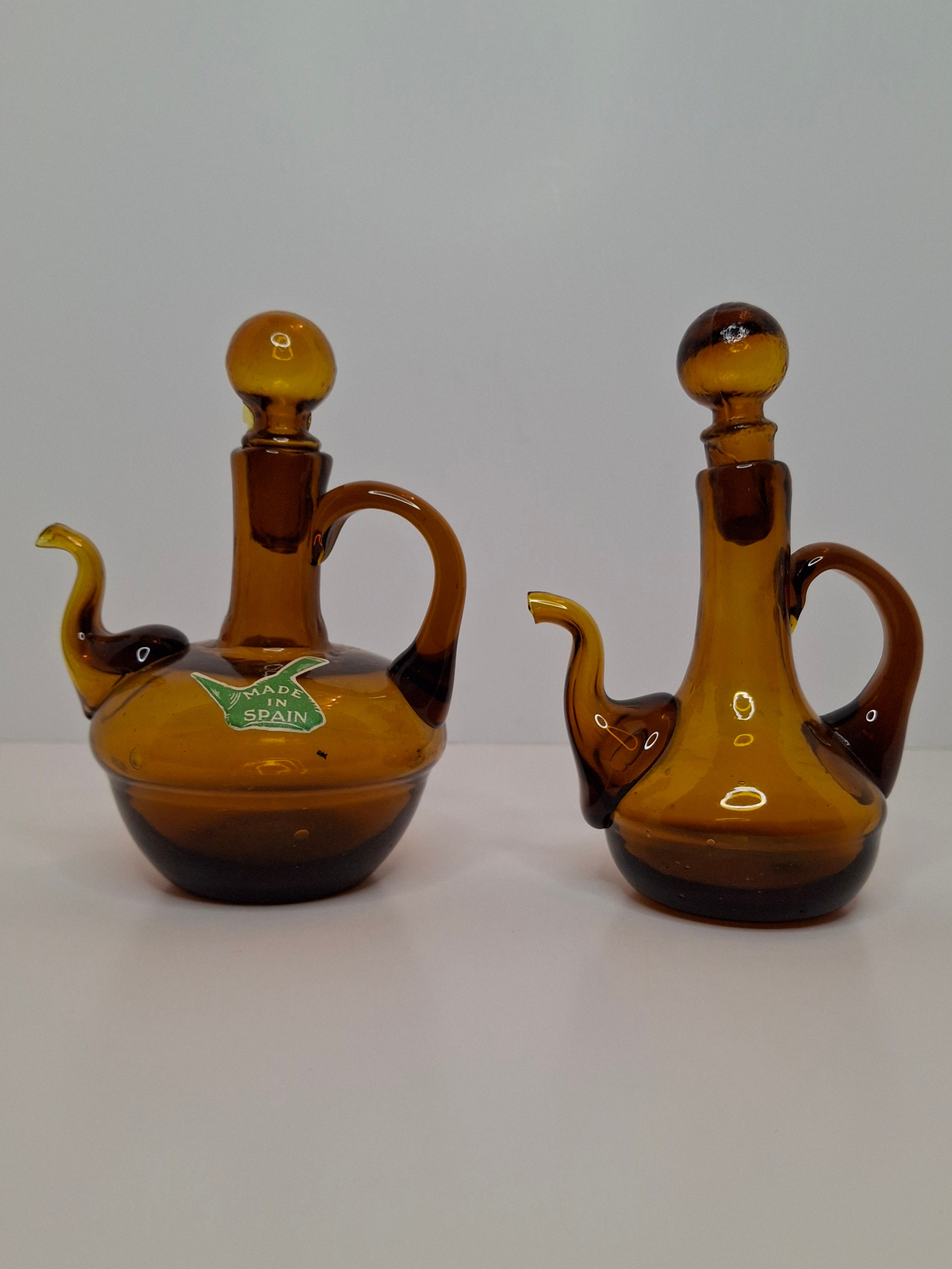Pair of Hand-Blown Amber Glass Cruets w/ Stoppers, Applied Handle/Spouts Spain
