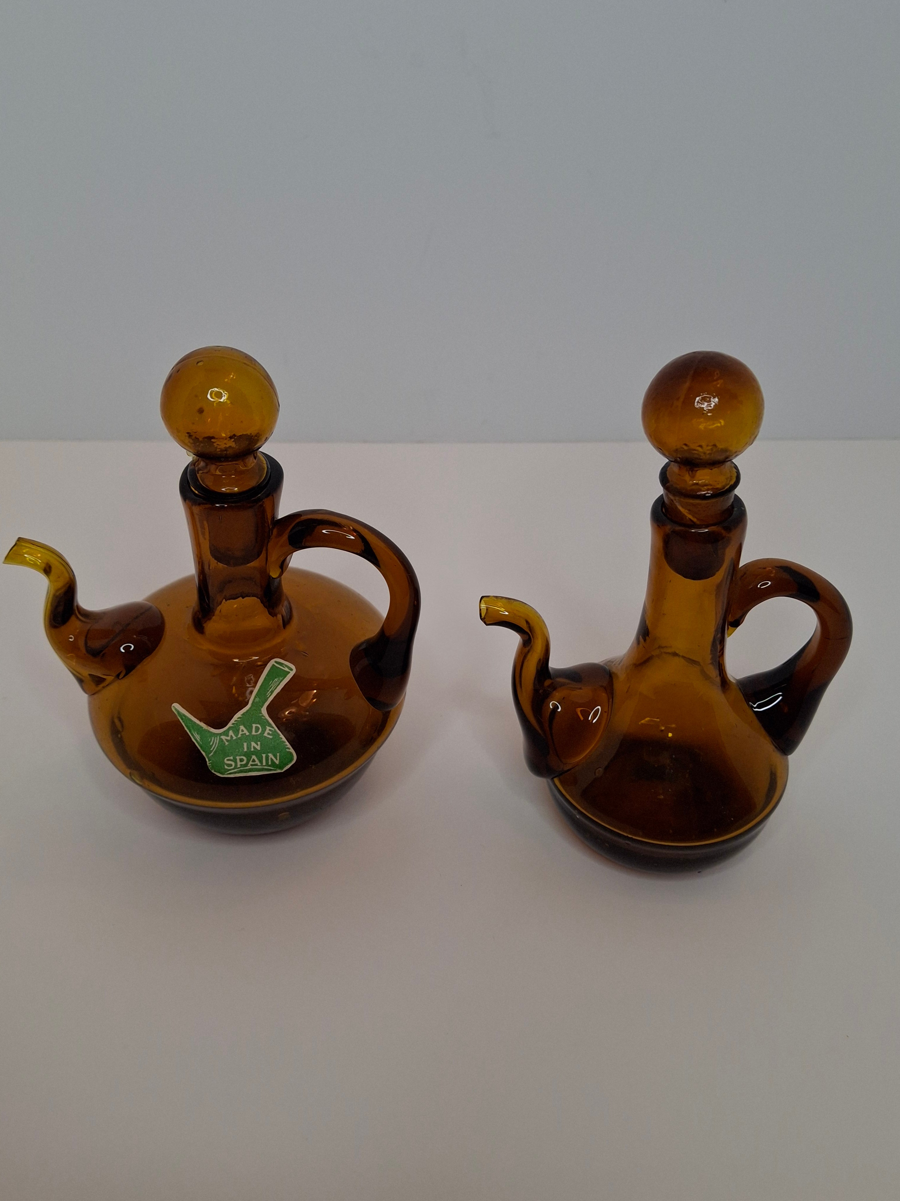 Pair of Hand-Blown Amber Glass Cruets w/ Stoppers, Applied Handle/Spouts Spain