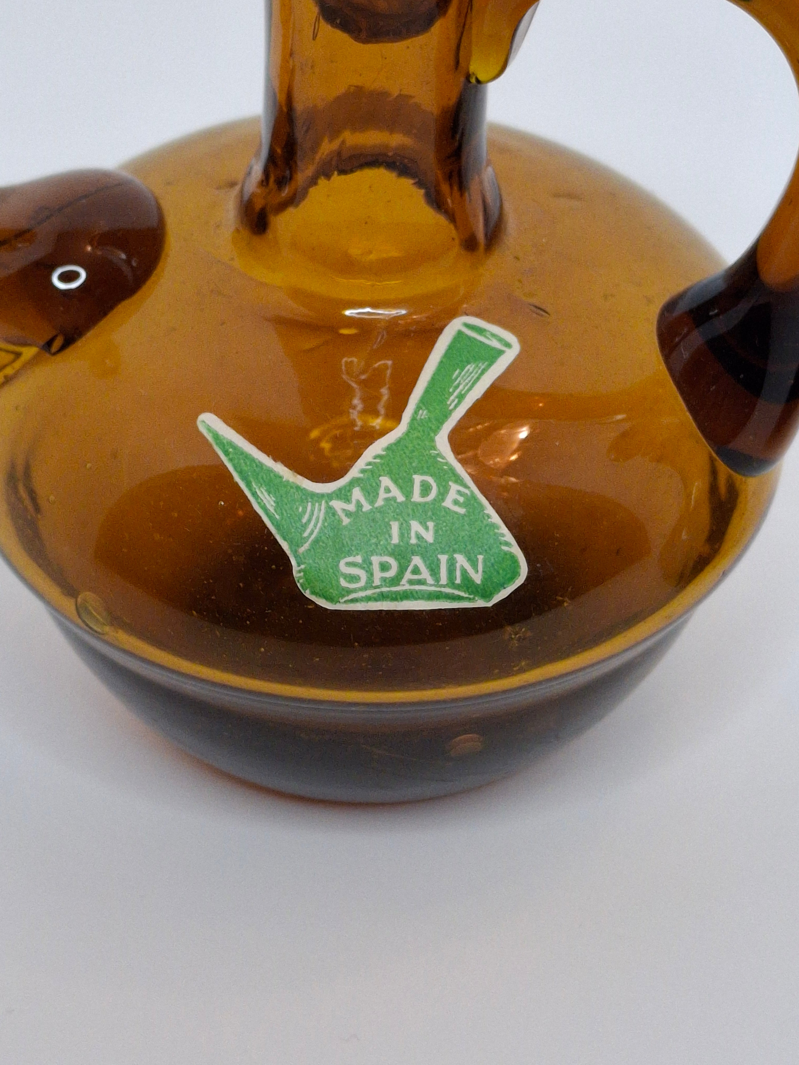 Pair of Hand-Blown Amber Glass Cruets w/ Stoppers, Applied Handle/Spouts Spain