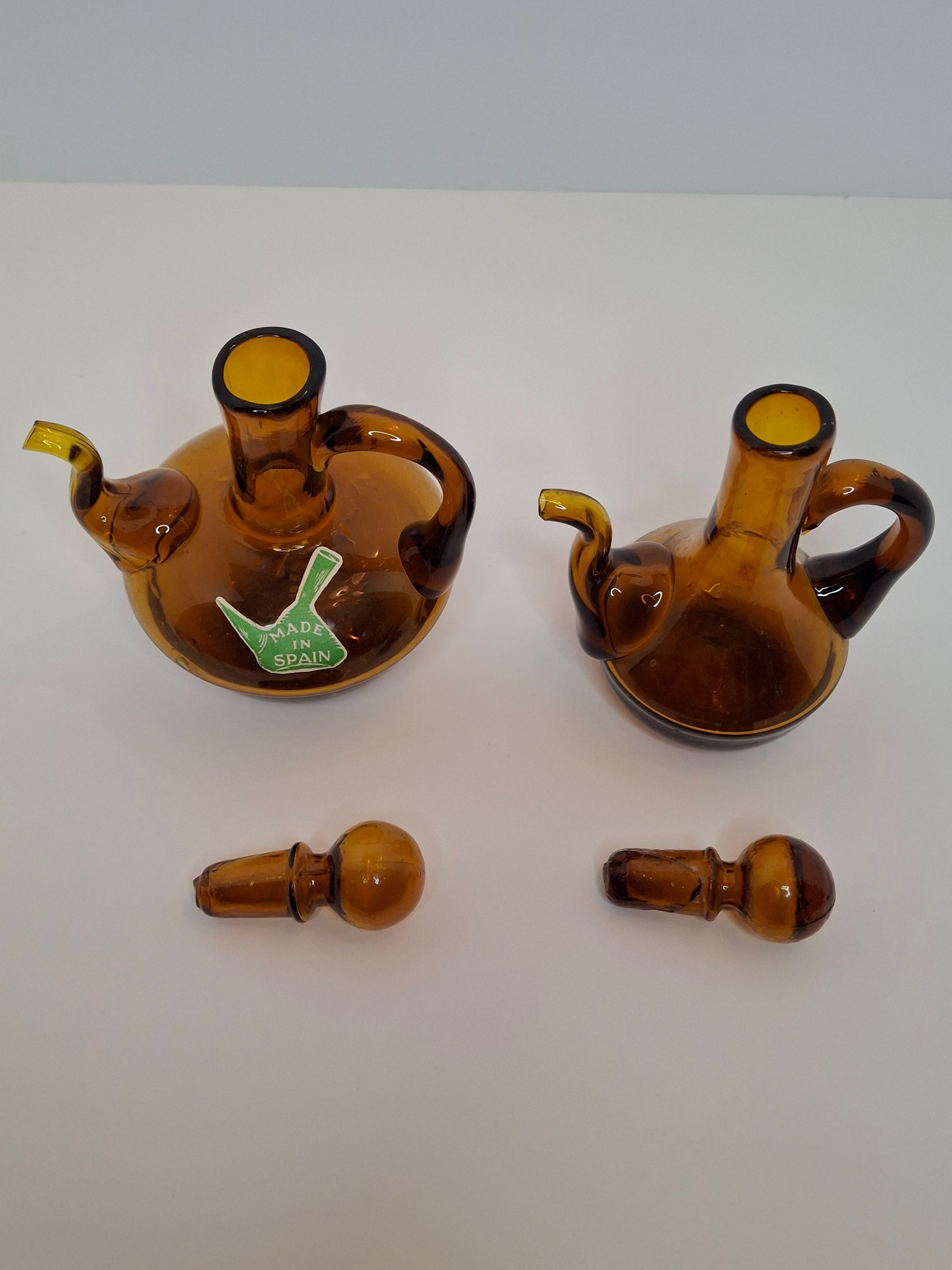 Pair of Hand-Blown Amber Glass Cruets w/ Stoppers, Applied Handle/Spouts Spain
