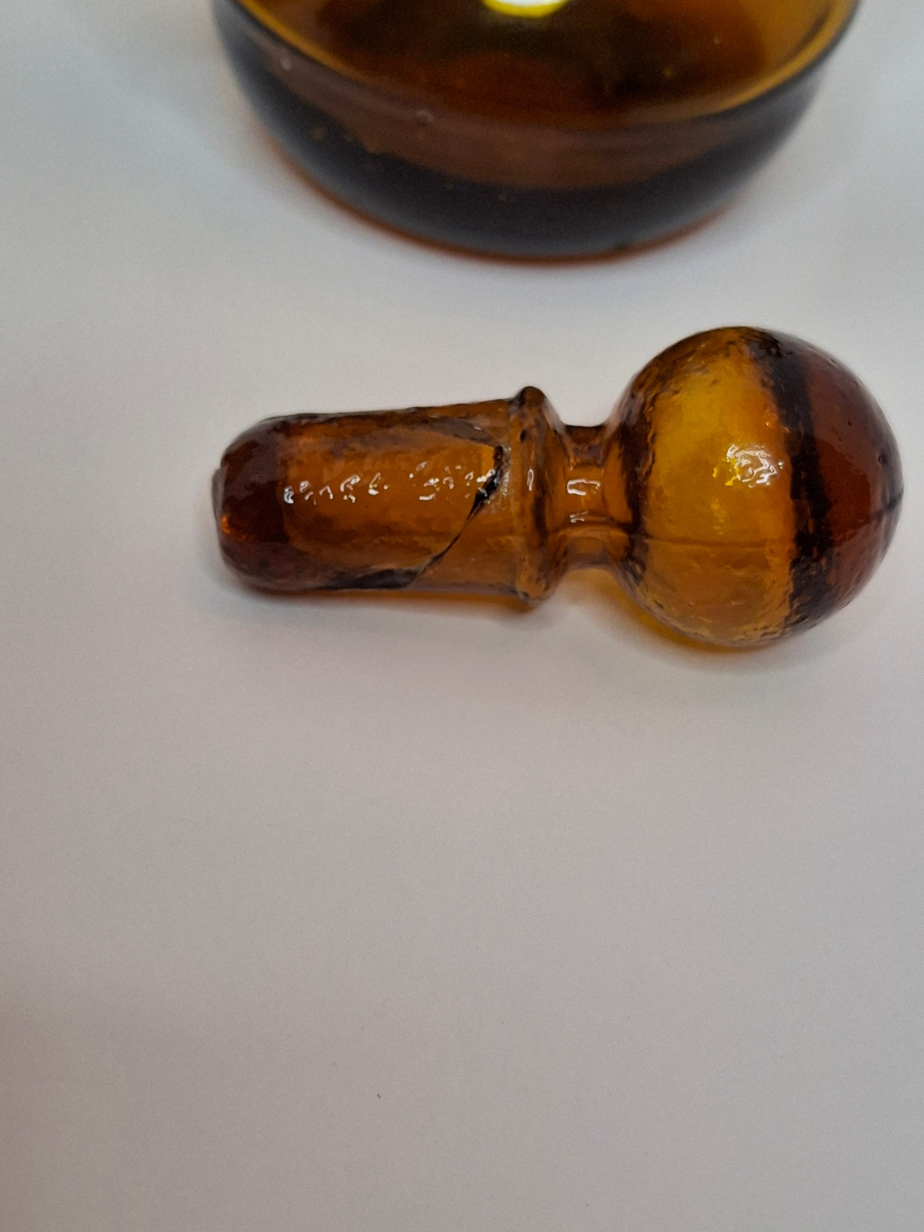 Pair of Hand-Blown Amber Glass Cruets w/ Stoppers, Applied Handle/Spouts Spain