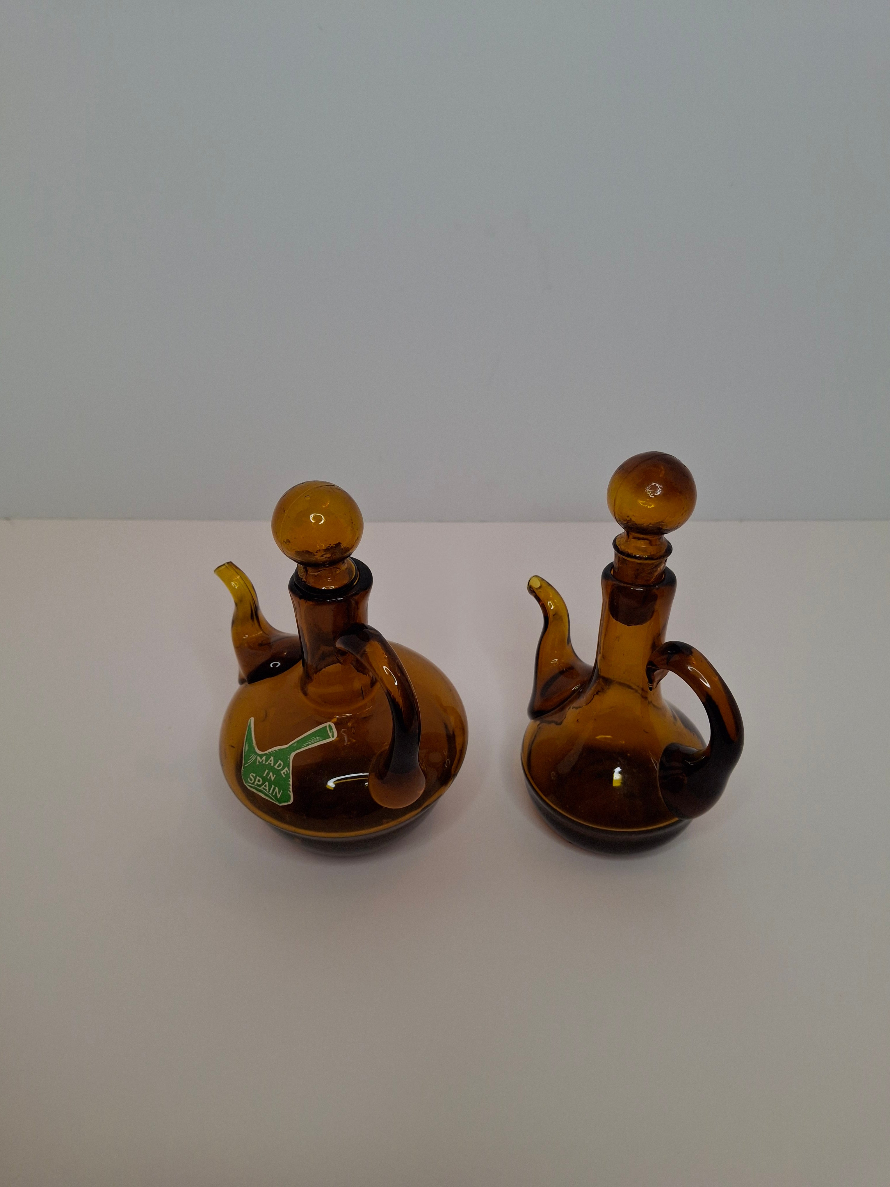 Pair of Hand-Blown Amber Glass Cruets w/ Stoppers, Applied Handle/Spouts Spain
