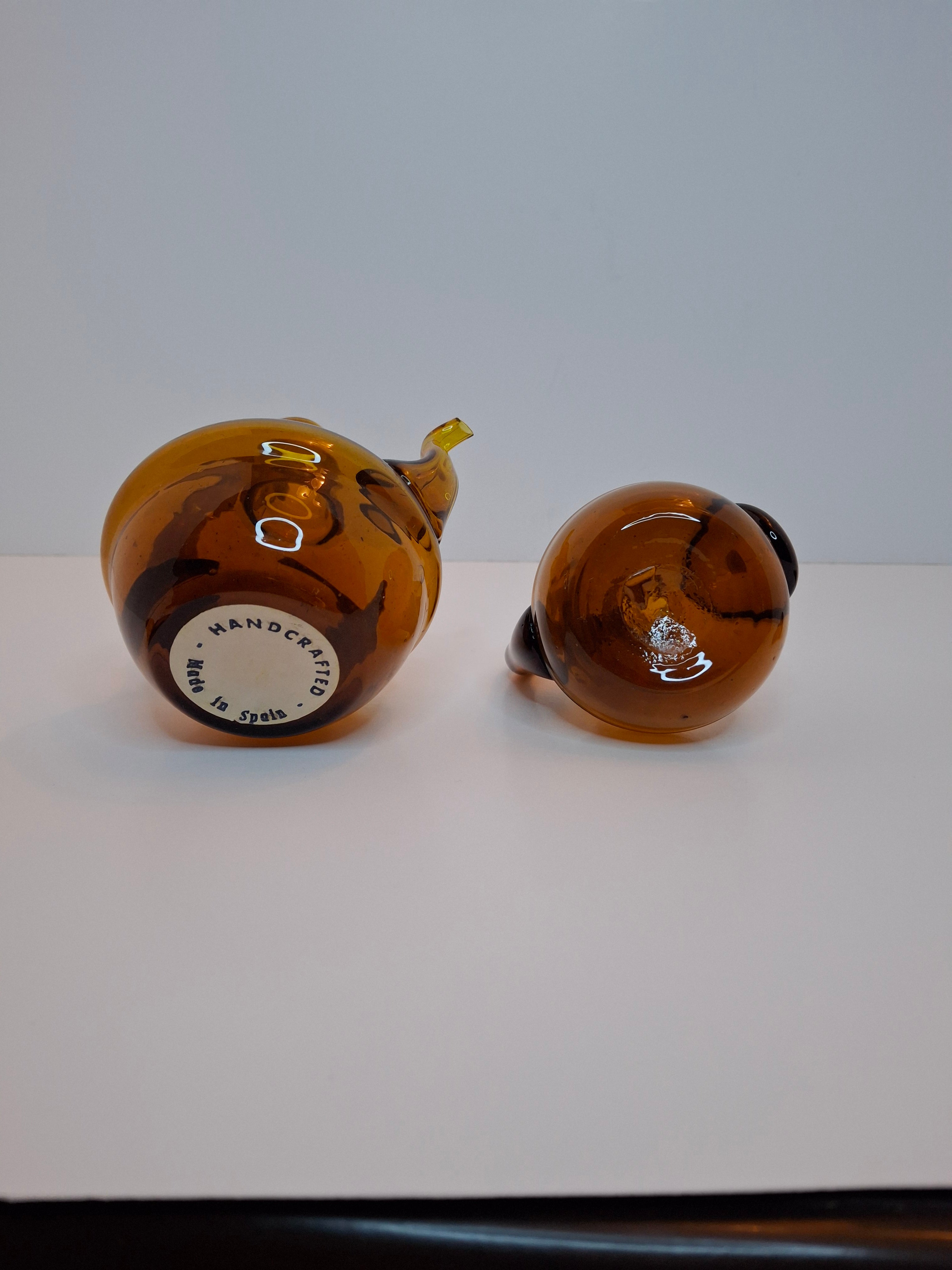 Pair of Hand-Blown Amber Glass Cruets w/ Stoppers, Applied Handle/Spouts Spain
