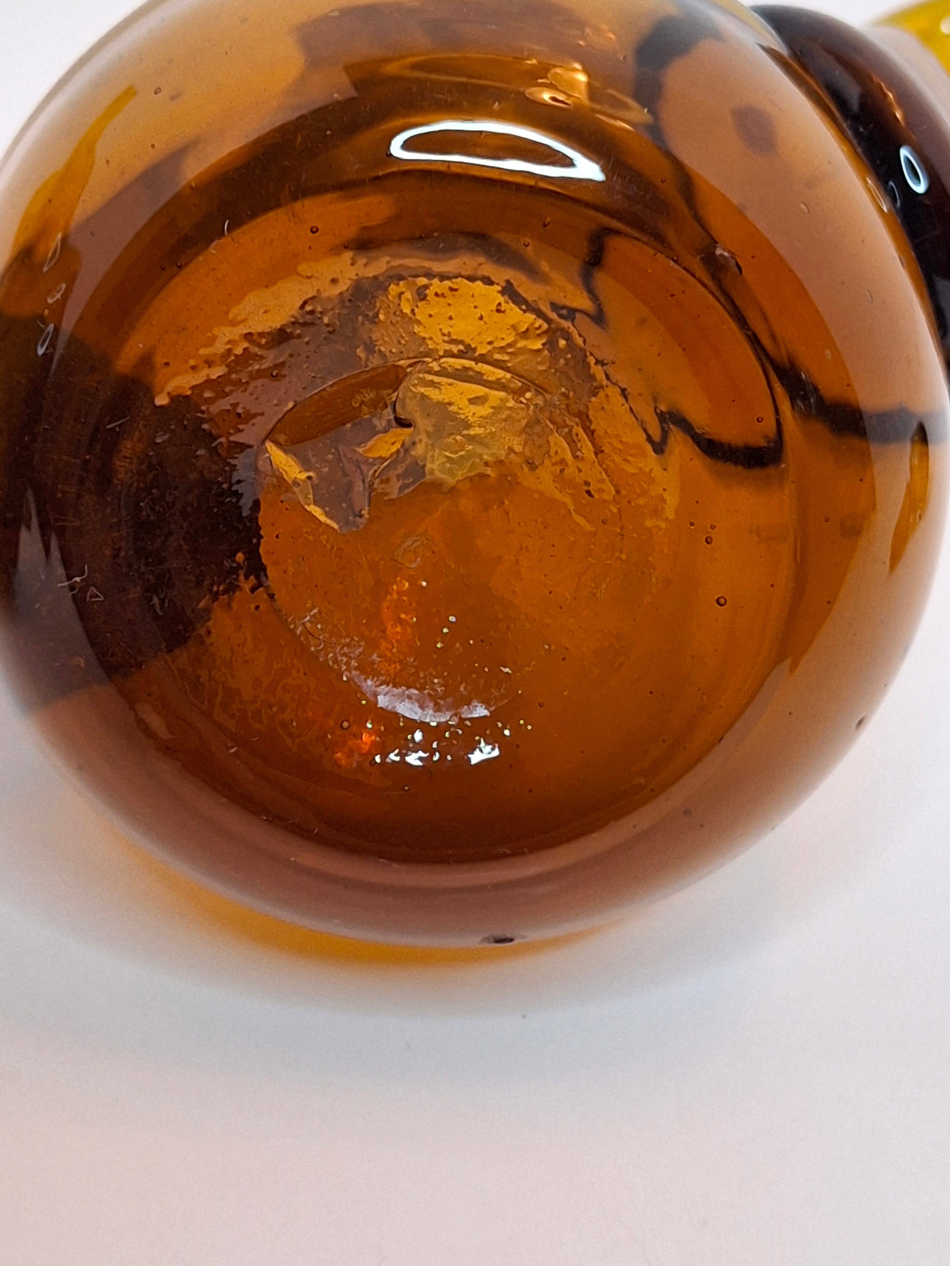 Pair of Hand-Blown Amber Glass Cruets w/ Stoppers, Applied Handle/Spouts Spain