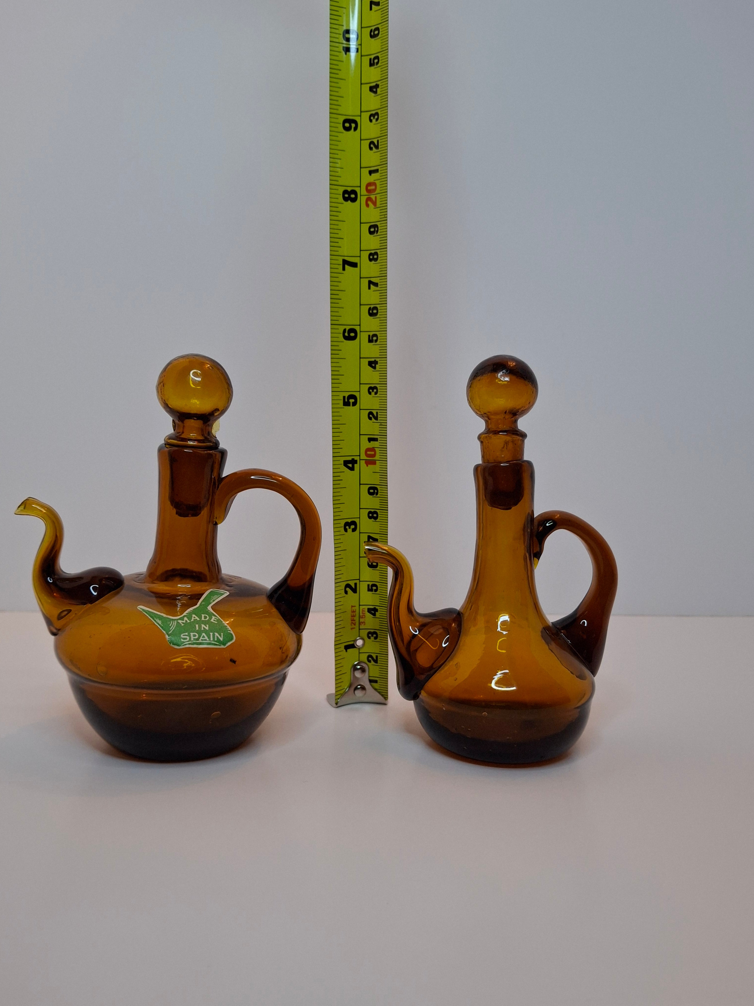 Pair of Hand-Blown Amber Glass Cruets w/ Stoppers, Applied Handle/Spouts Spain