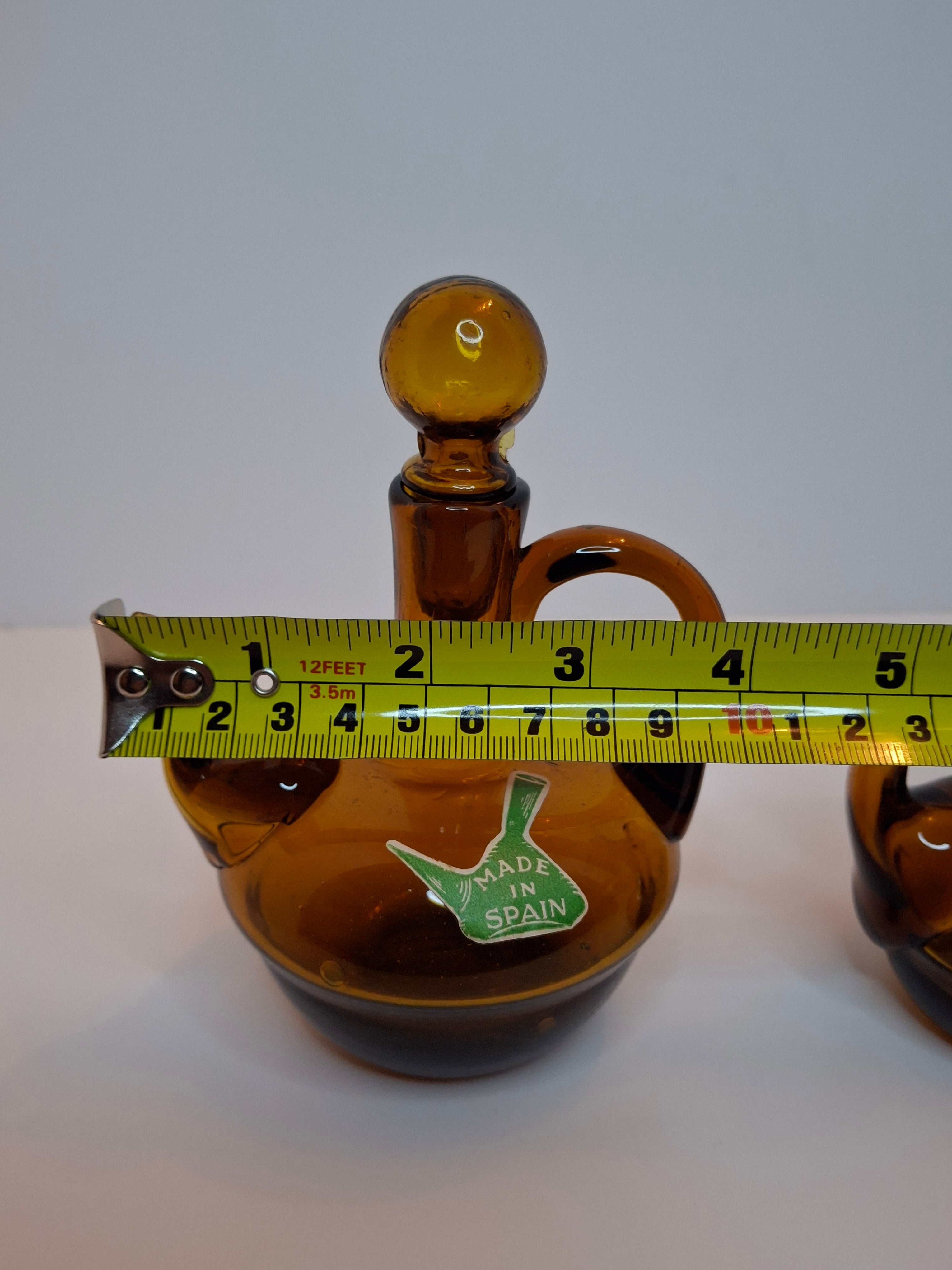 Pair of Hand-Blown Amber Glass Cruets w/ Stoppers, Applied Handle/Spouts Spain