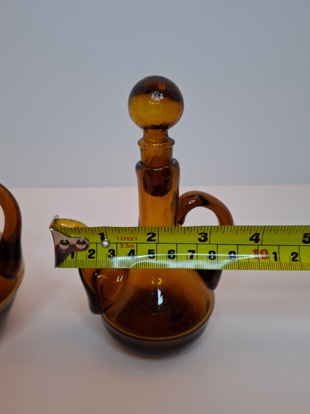 Pair of Hand-Blown Amber Glass Cruets w/ Stoppers, Applied Handle/Spouts Spain