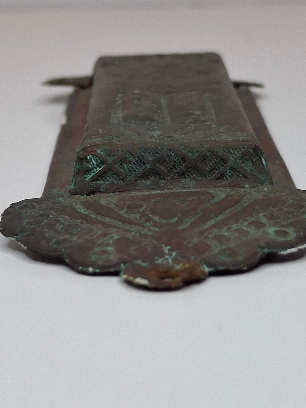 Antique Brass Mezuzah Case with Ten Commandments, Star of David, & Menorah