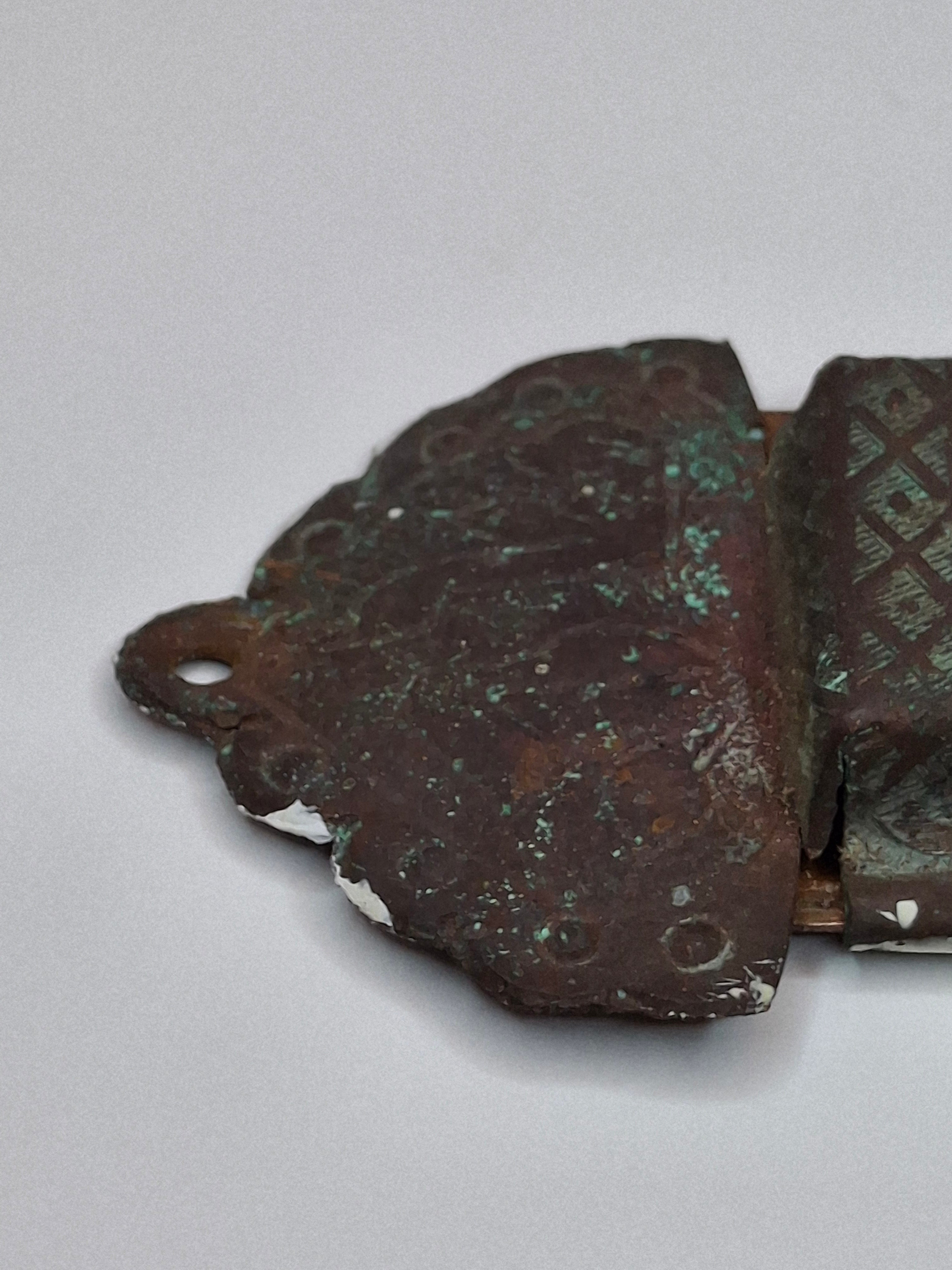 Antique Brass Mezuzah Case with Ten Commandments, Star of David, & Menorah