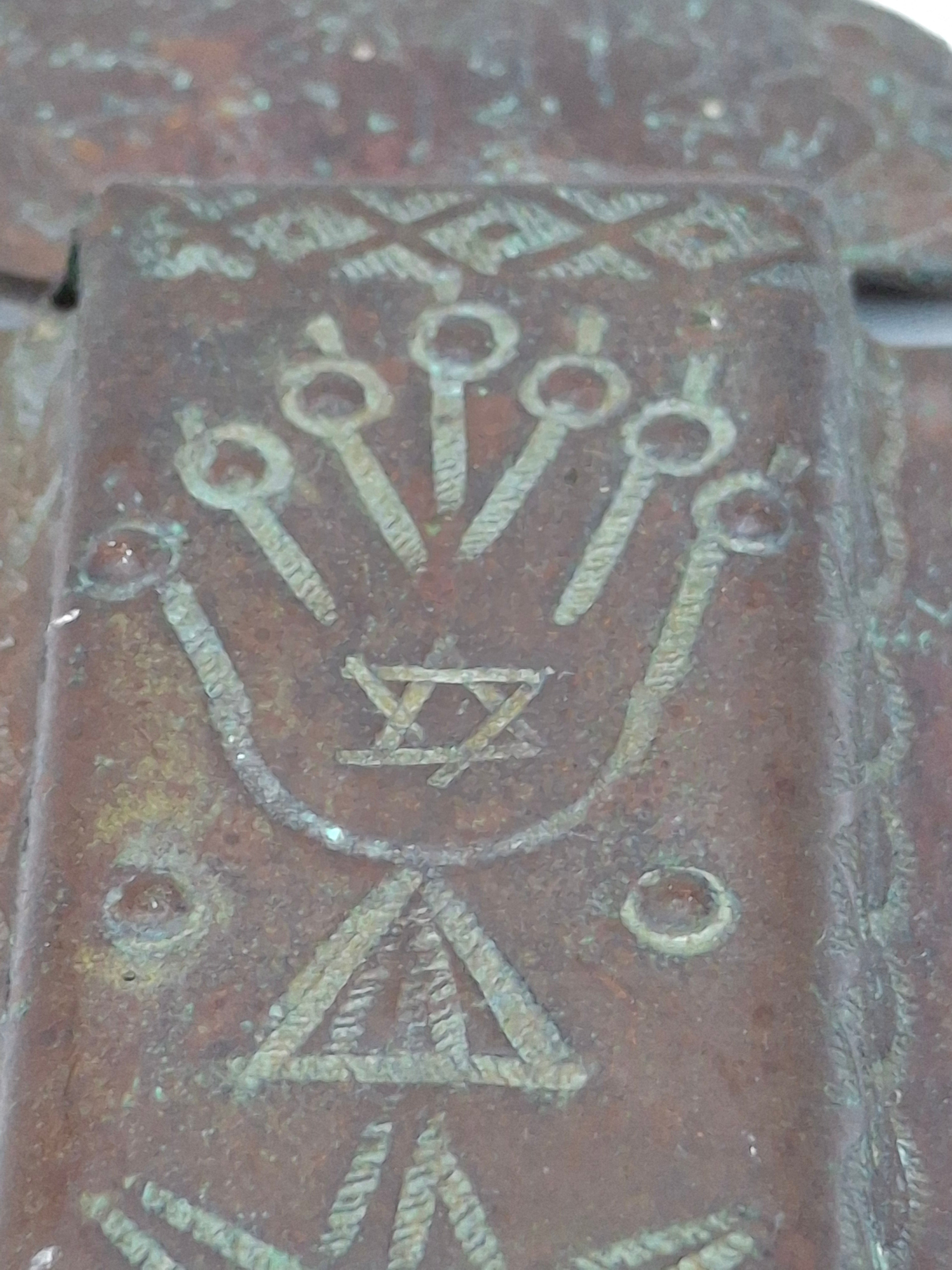 Antique Brass Mezuzah Case with Ten Commandments, Star of David, & Menorah