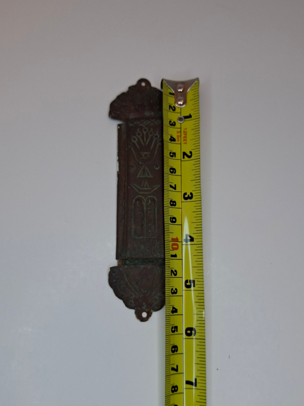 Antique Brass Mezuzah Case with Ten Commandments, Star of David, & Menorah