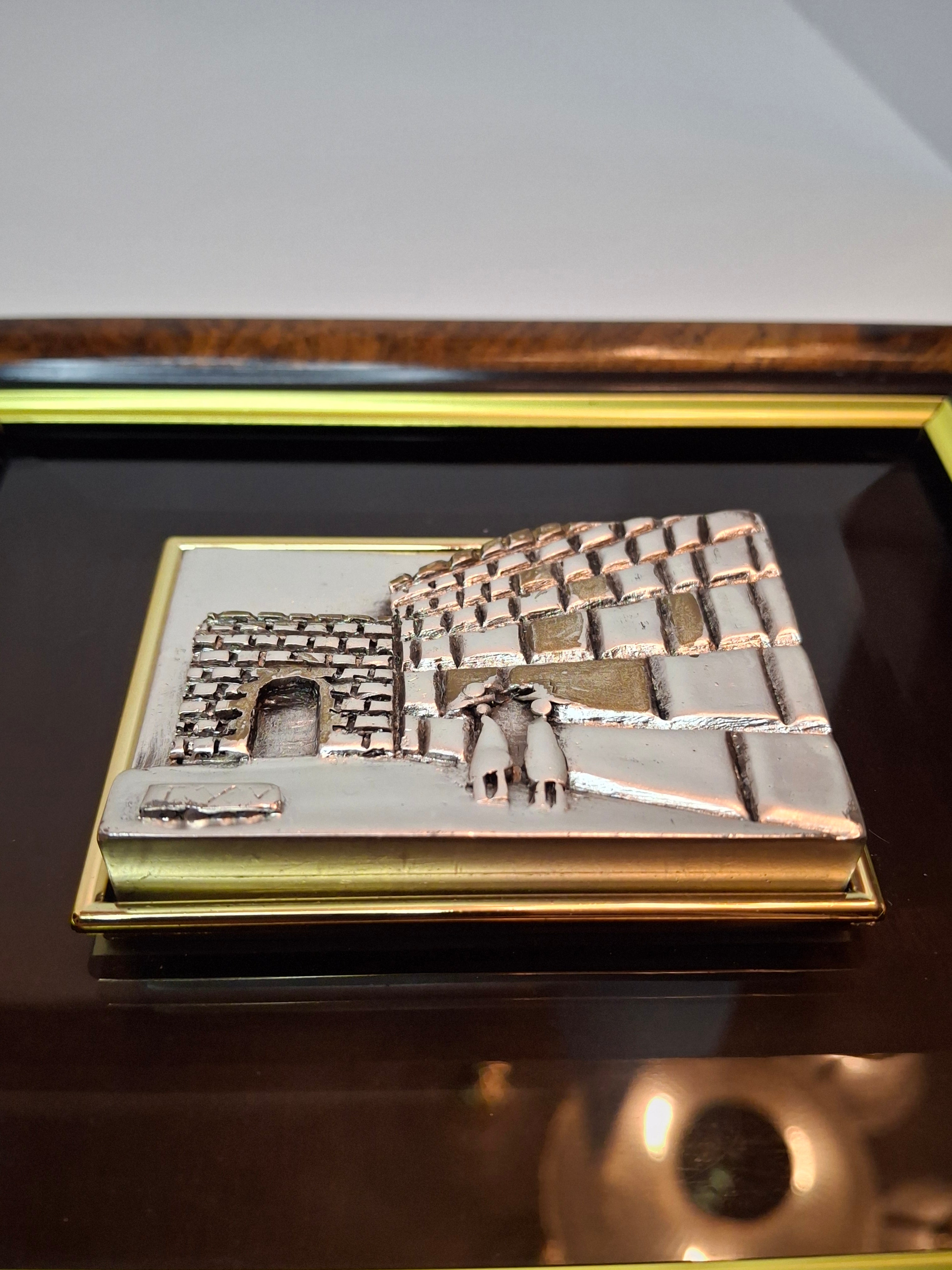 Vintage Israeli Artist SAAD Sterling Silver 925 Bas-Relief Plaque of the Western Wall (Kotel) in Jerusalem - Framed Judaica with Hebrew Artist Initials Authentication Certificate