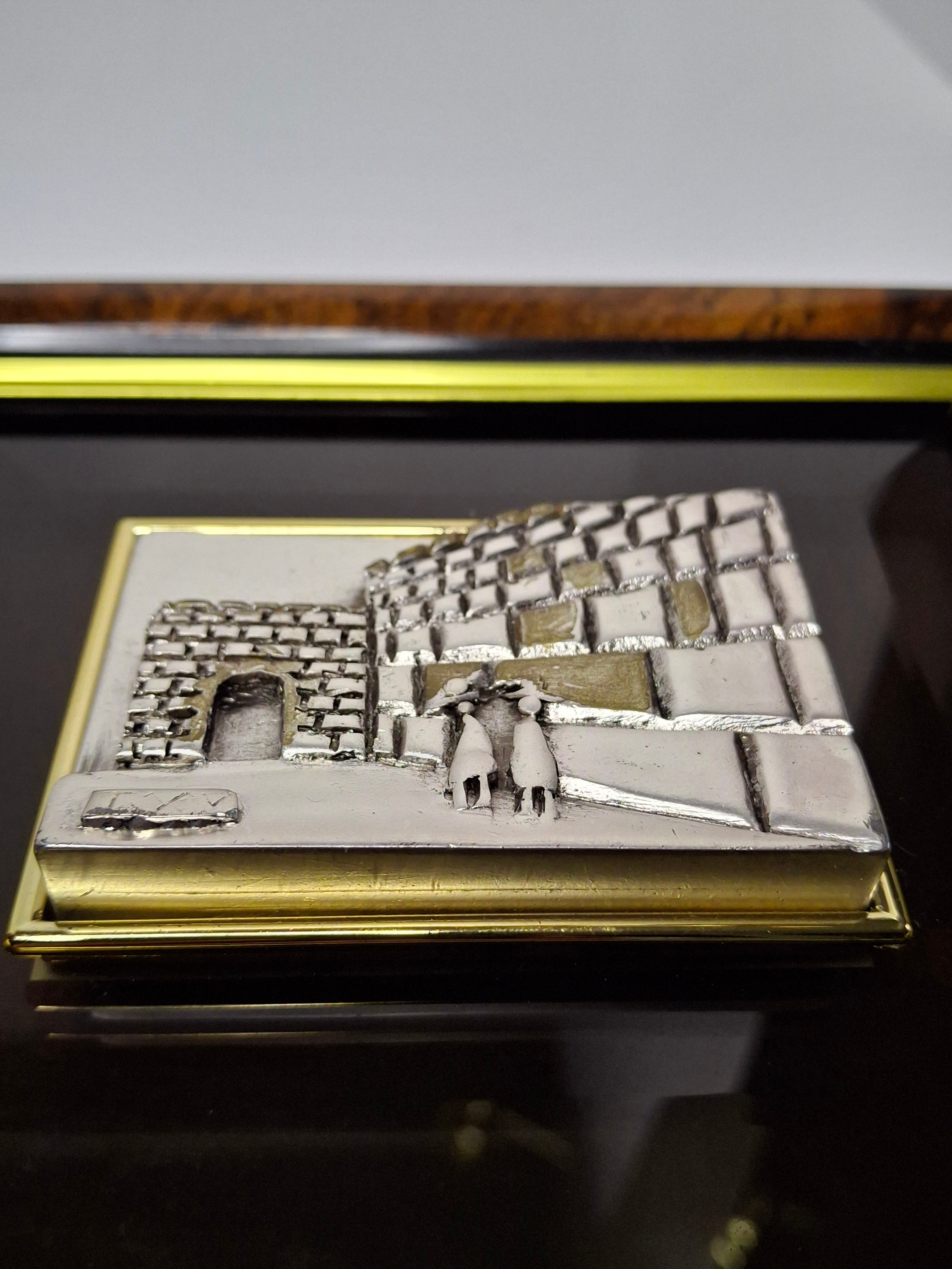 Vintage Israeli Artist SAAD Sterling Silver 925 Bas-Relief Plaque of the Western Wall (Kotel) in Jerusalem - Framed Judaica with Hebrew Artist Initials Authentication Certificate