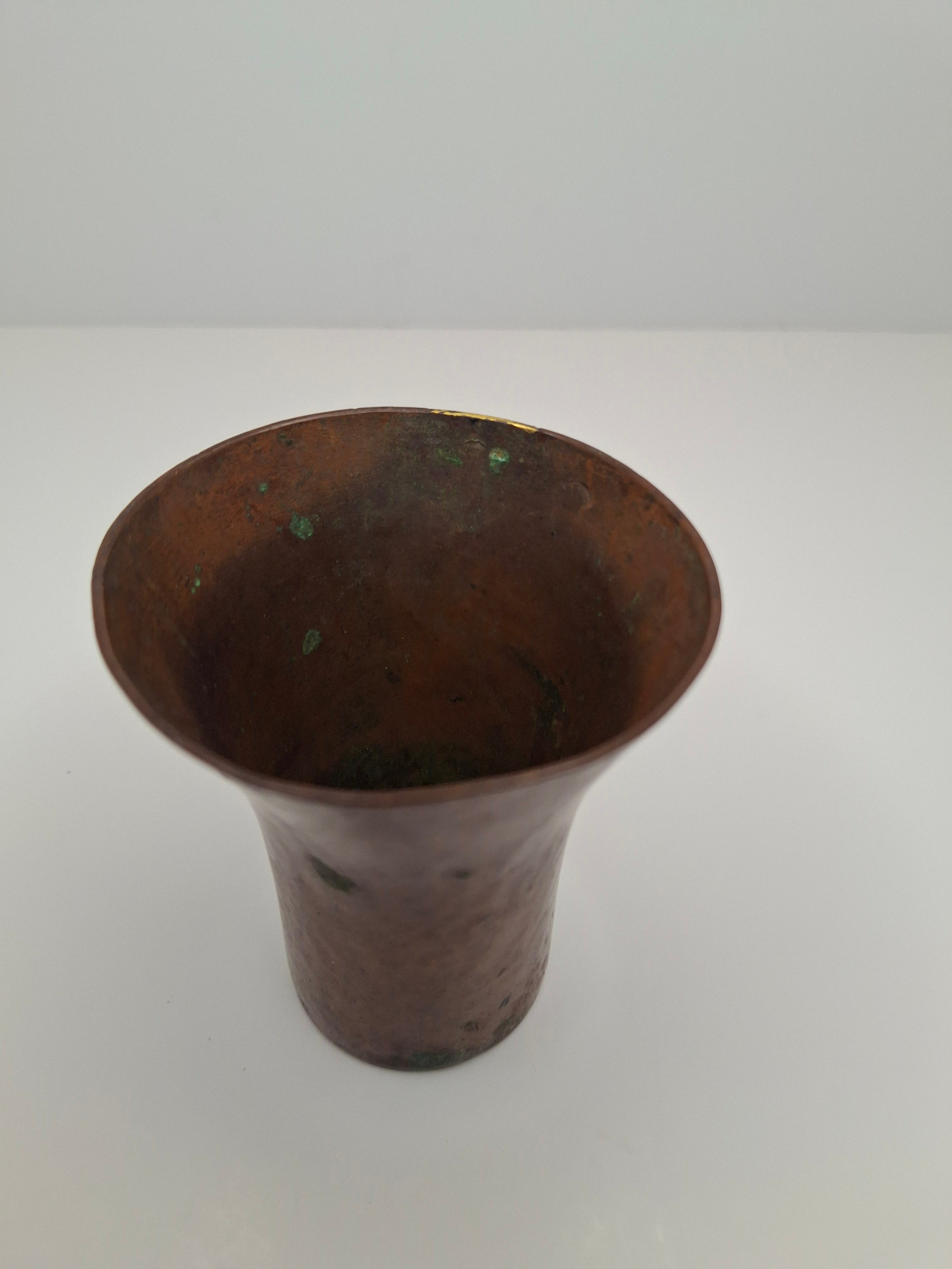 Antique Hand-Hammered Copper Kiddush Cup - Antique Judaica Ritual Wine Becher with Natural Patina, Possible Eastern European Origin, 3.5" Tall