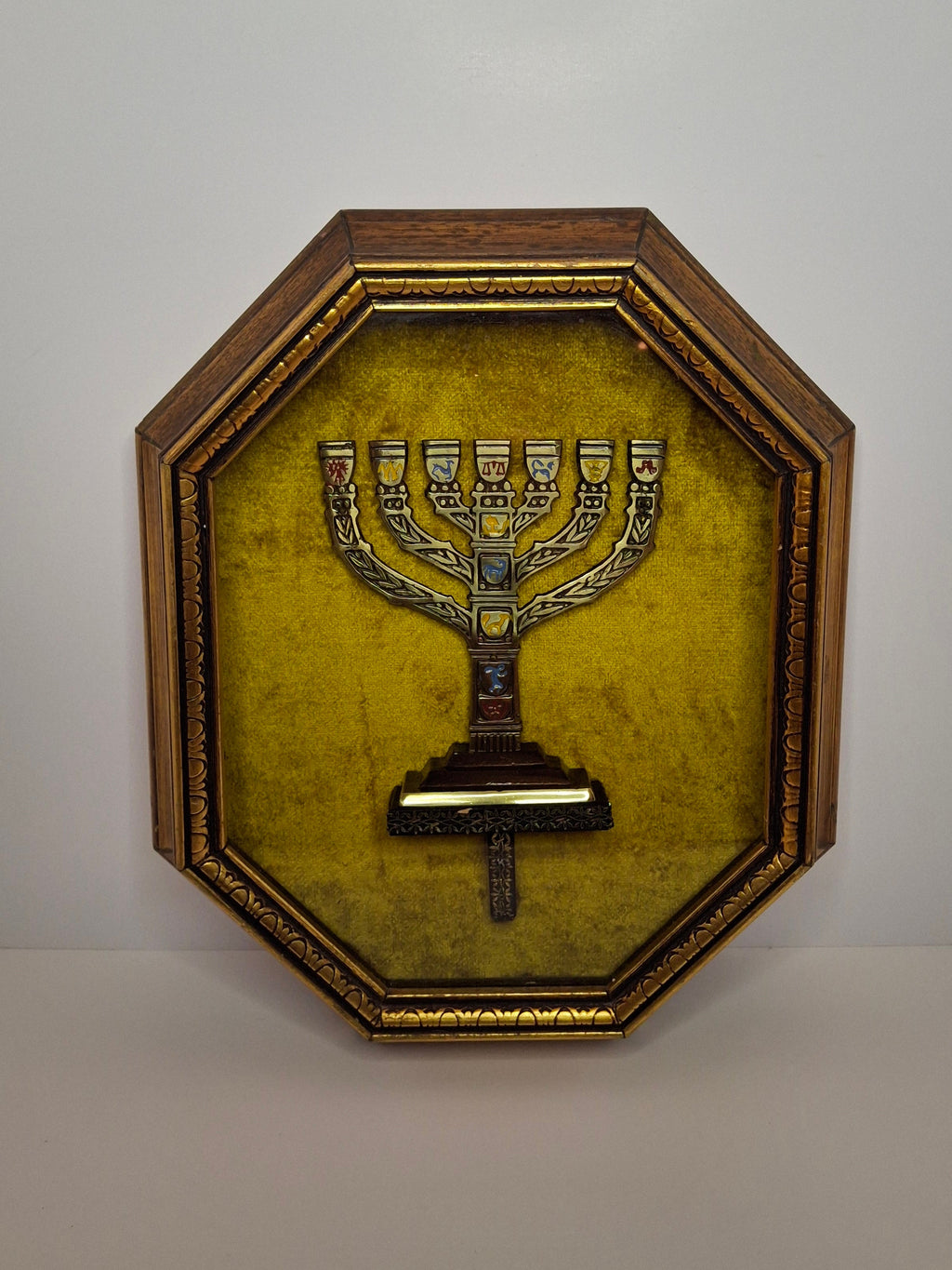 Vintage Israeli Judaica Shadow Box Menorah 12 Tribes of Israel Enamel Mid-Century 12x10