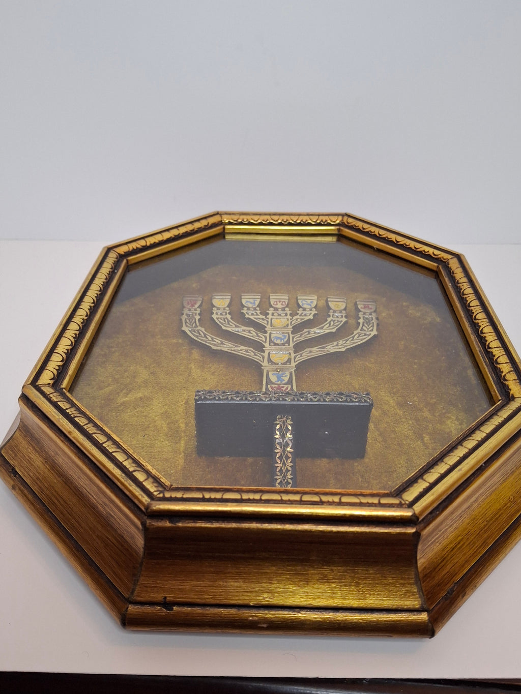 Vintage Israeli Judaica Shadow Box Menorah 12 Tribes of Israel Enamel Mid-Century 12x10