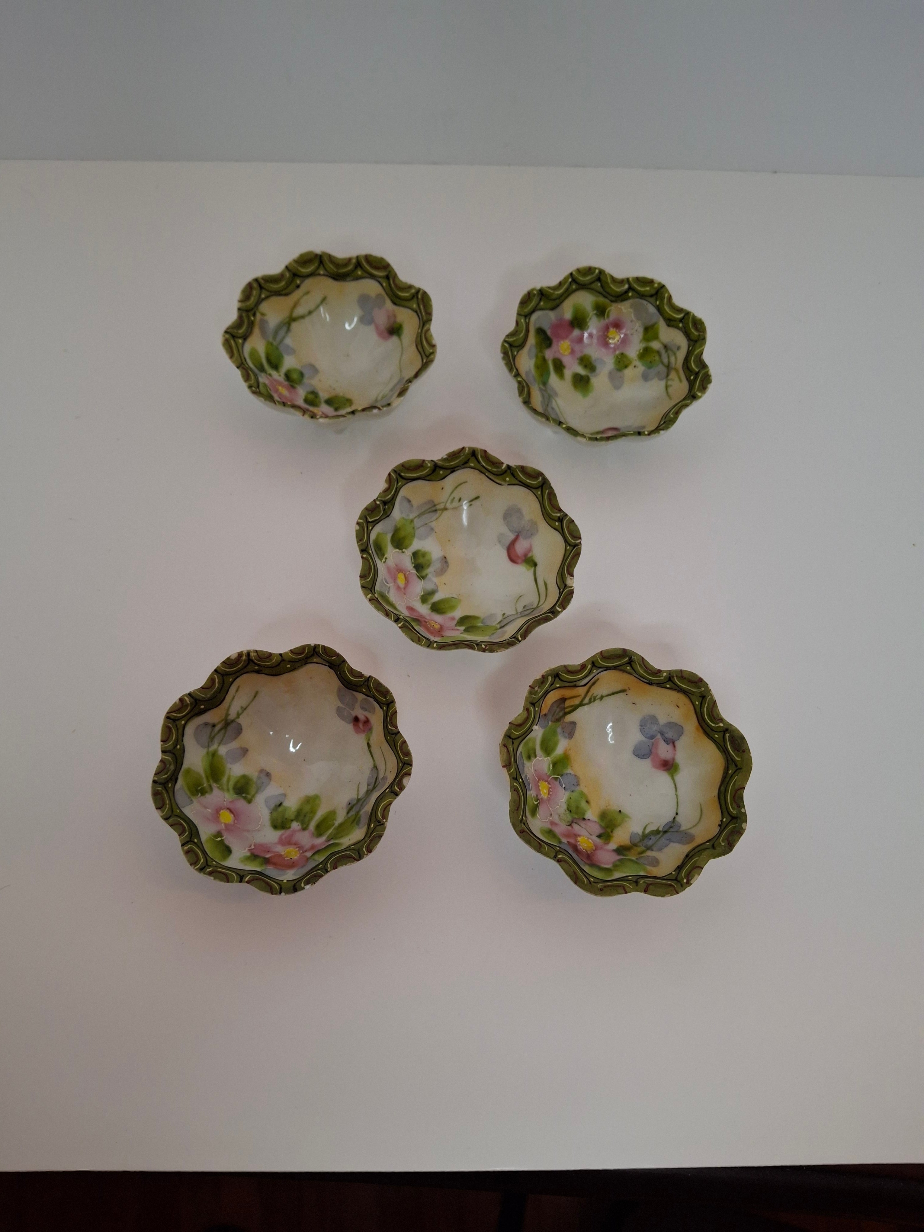 Antique Porcelain Hand-Painted Nippon Scalloped Footed Bowls (5) Floral Decor