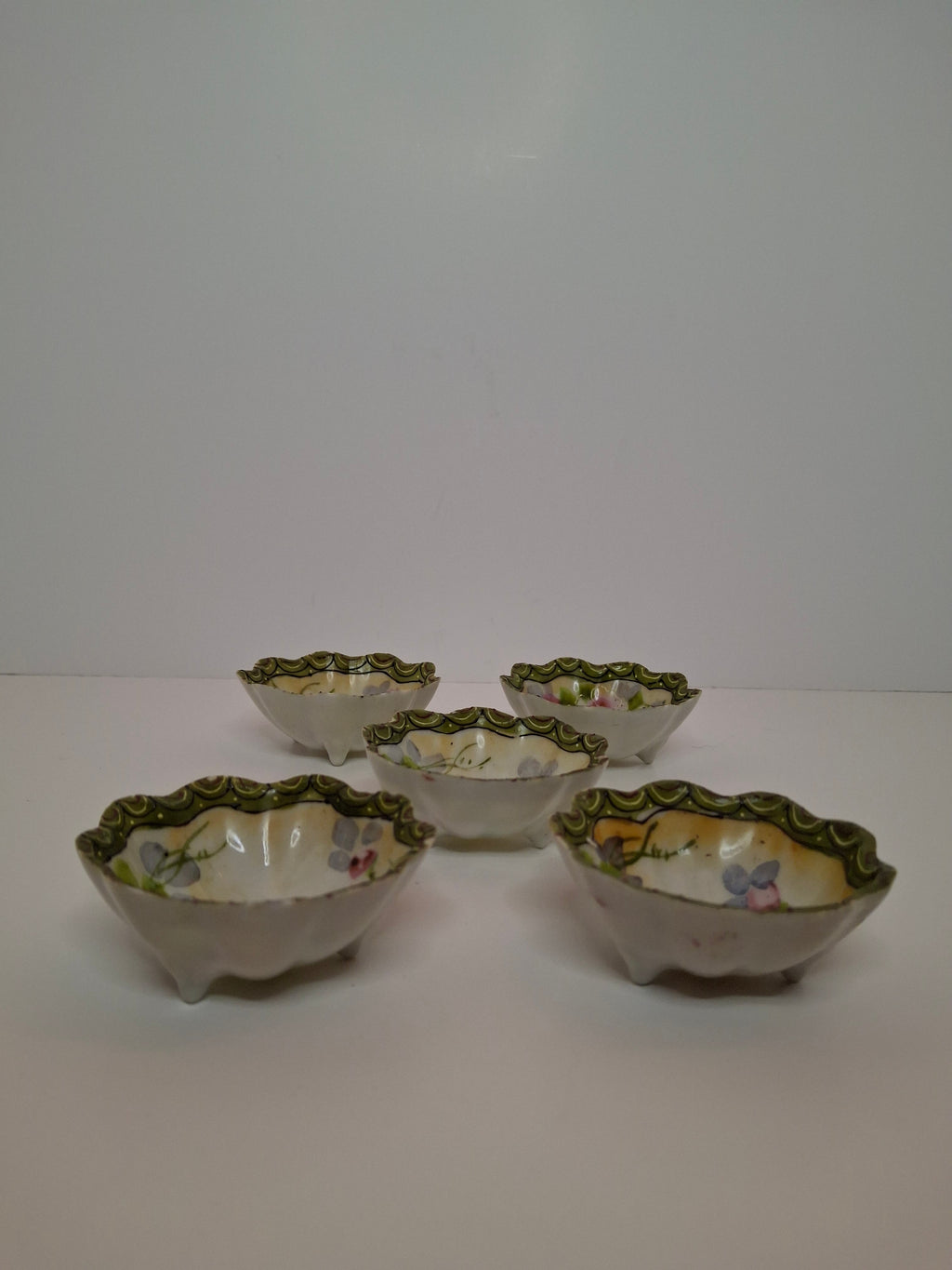 Antique Porcelain Hand-Painted Nippon Scalloped Footed Bowls (5) Floral Decor