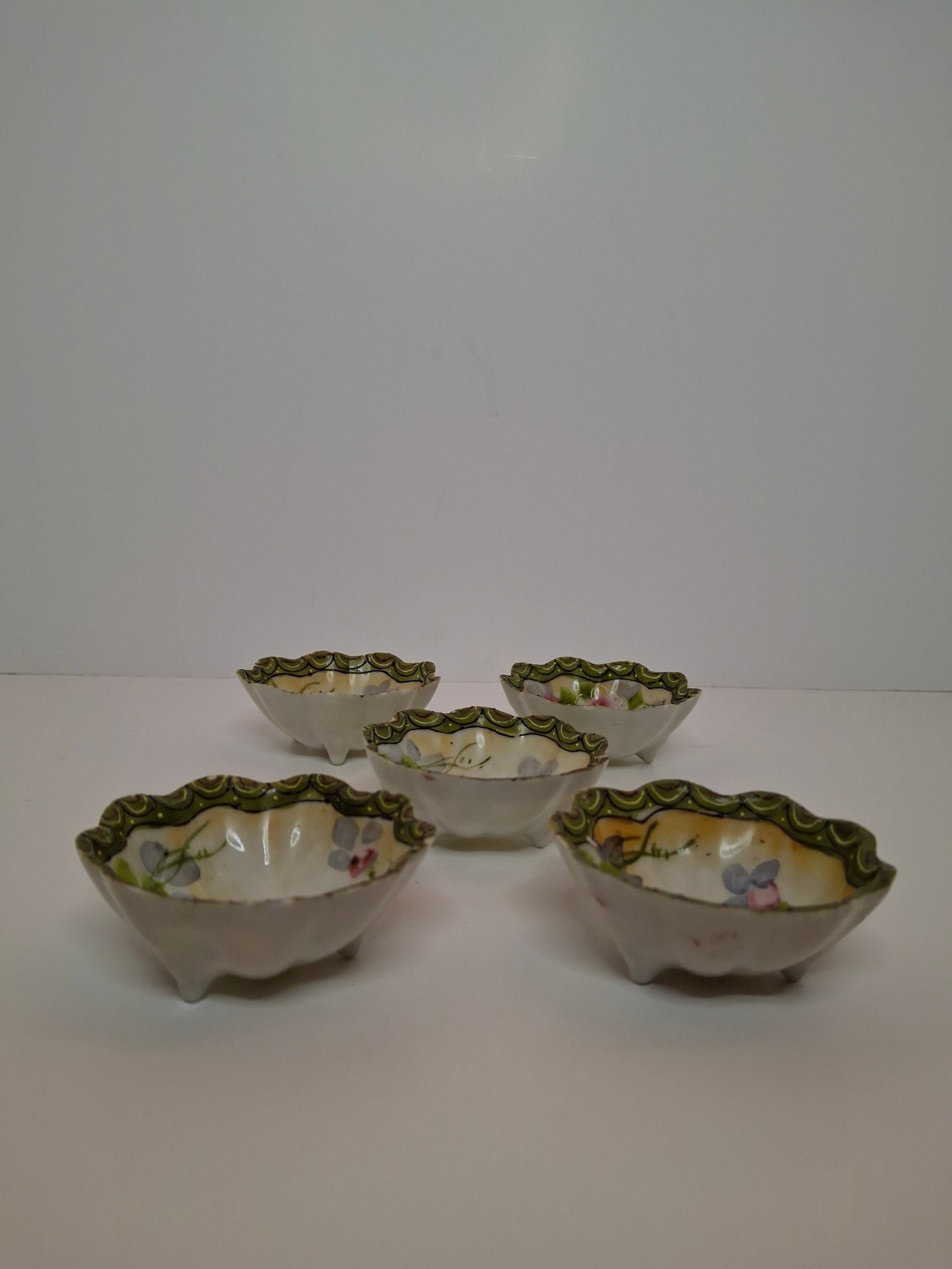 Antique Porcelain Hand-Painted Nippon Scalloped Footed Bowls (5) Floral Decor
