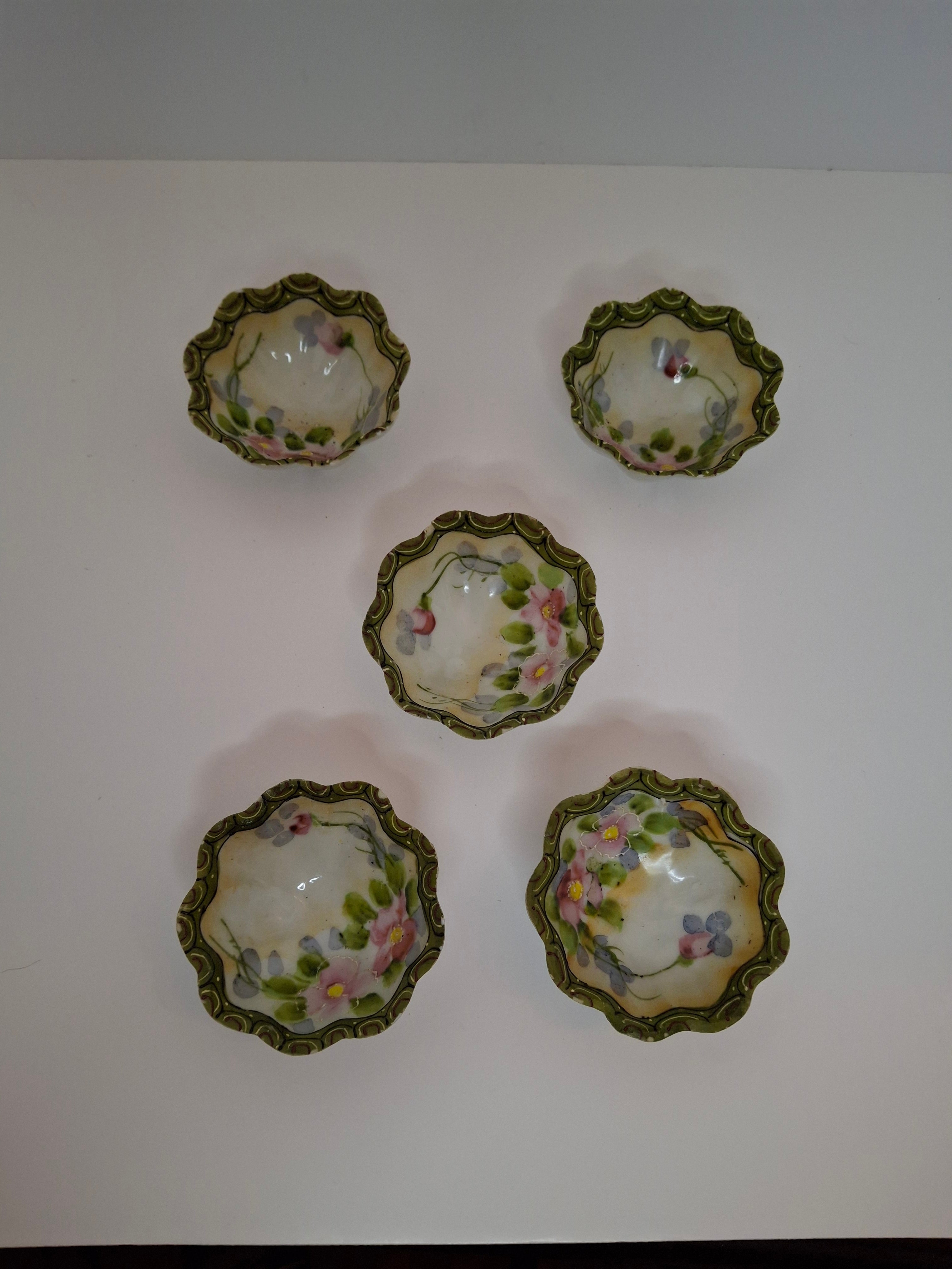 Antique Porcelain Hand-Painted Nippon Scalloped Footed Bowls (5) Floral Decor