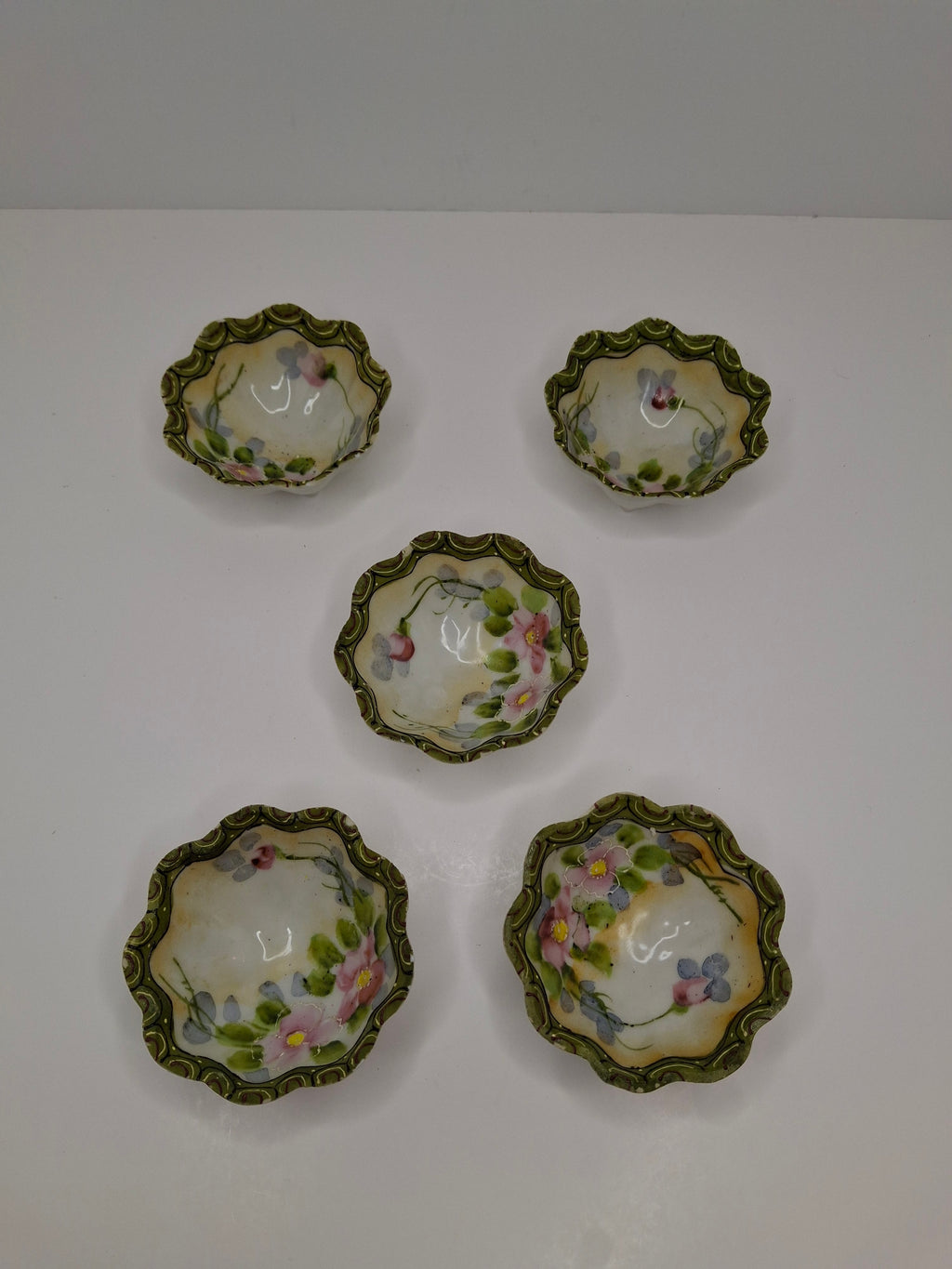Antique Porcelain Hand-Painted Nippon Scalloped Footed Bowls (5) Floral Decor