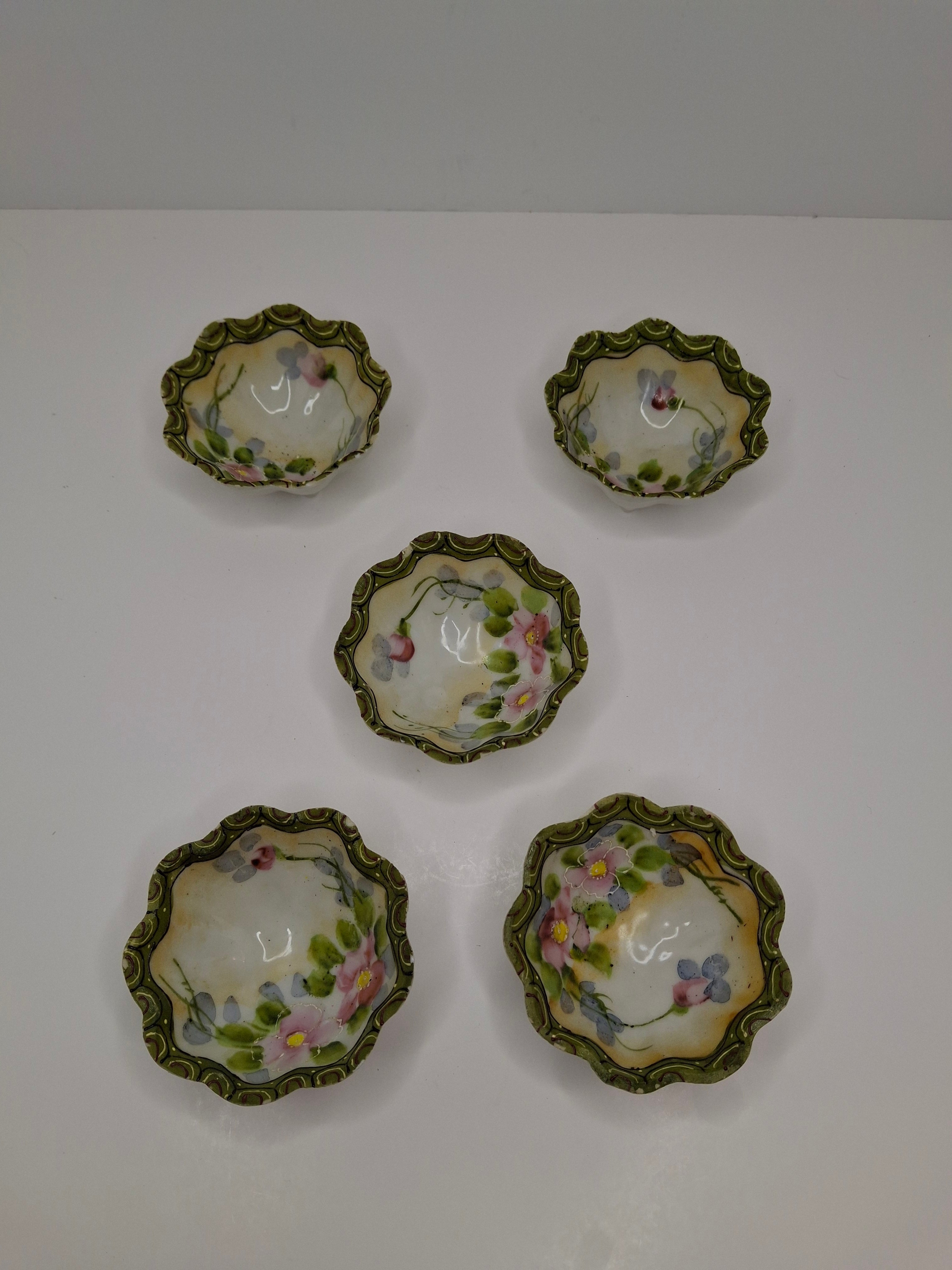 Antique Porcelain Hand-Painted Nippon Scalloped Footed Bowls (5) Floral Decor