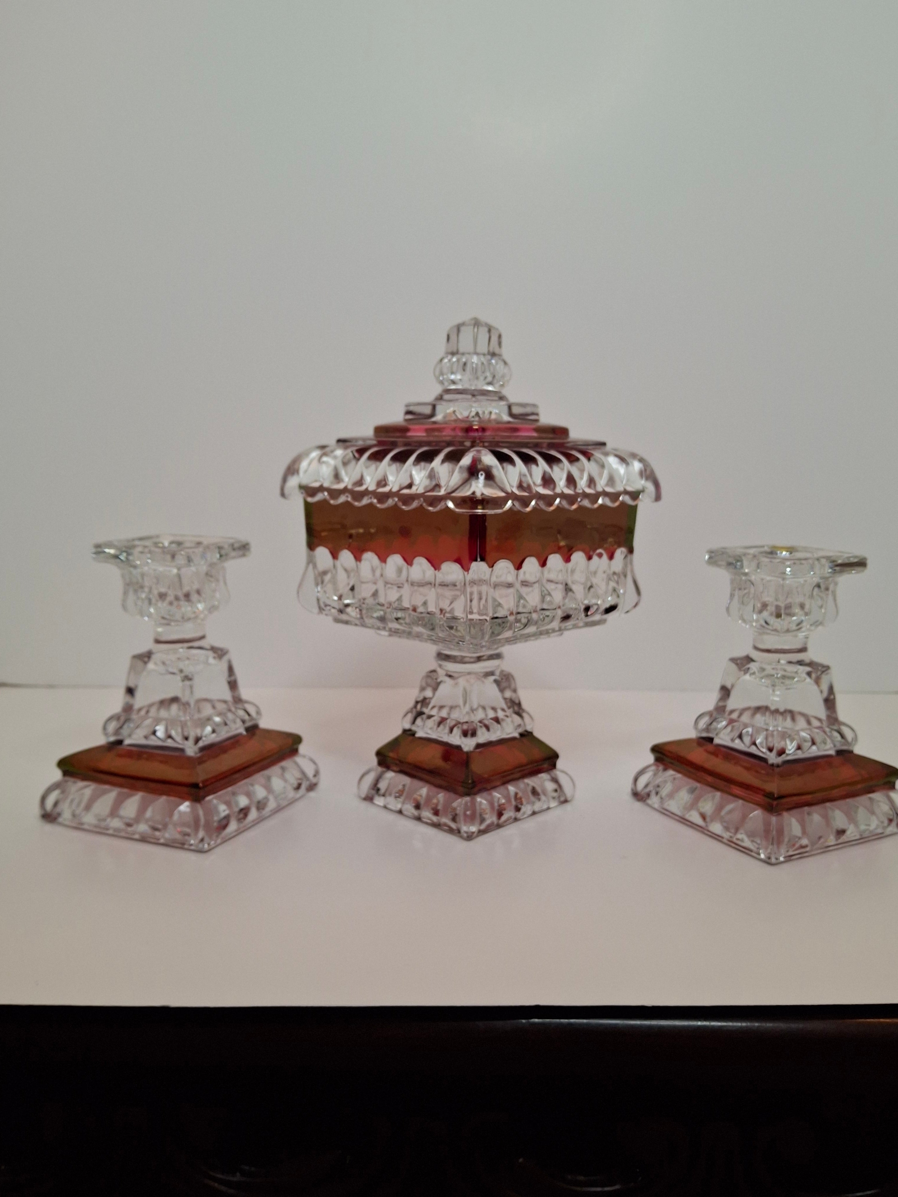 Vintage Westmoreland Glass Ruby Flash Wedding Bride's Box Set Compote Candlesticks