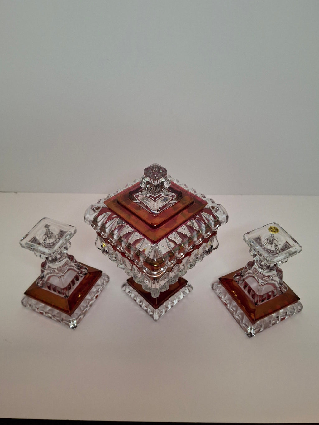 Vintage Westmoreland Glass Ruby Flash Wedding Bride's Box Set Compote Candlesticks