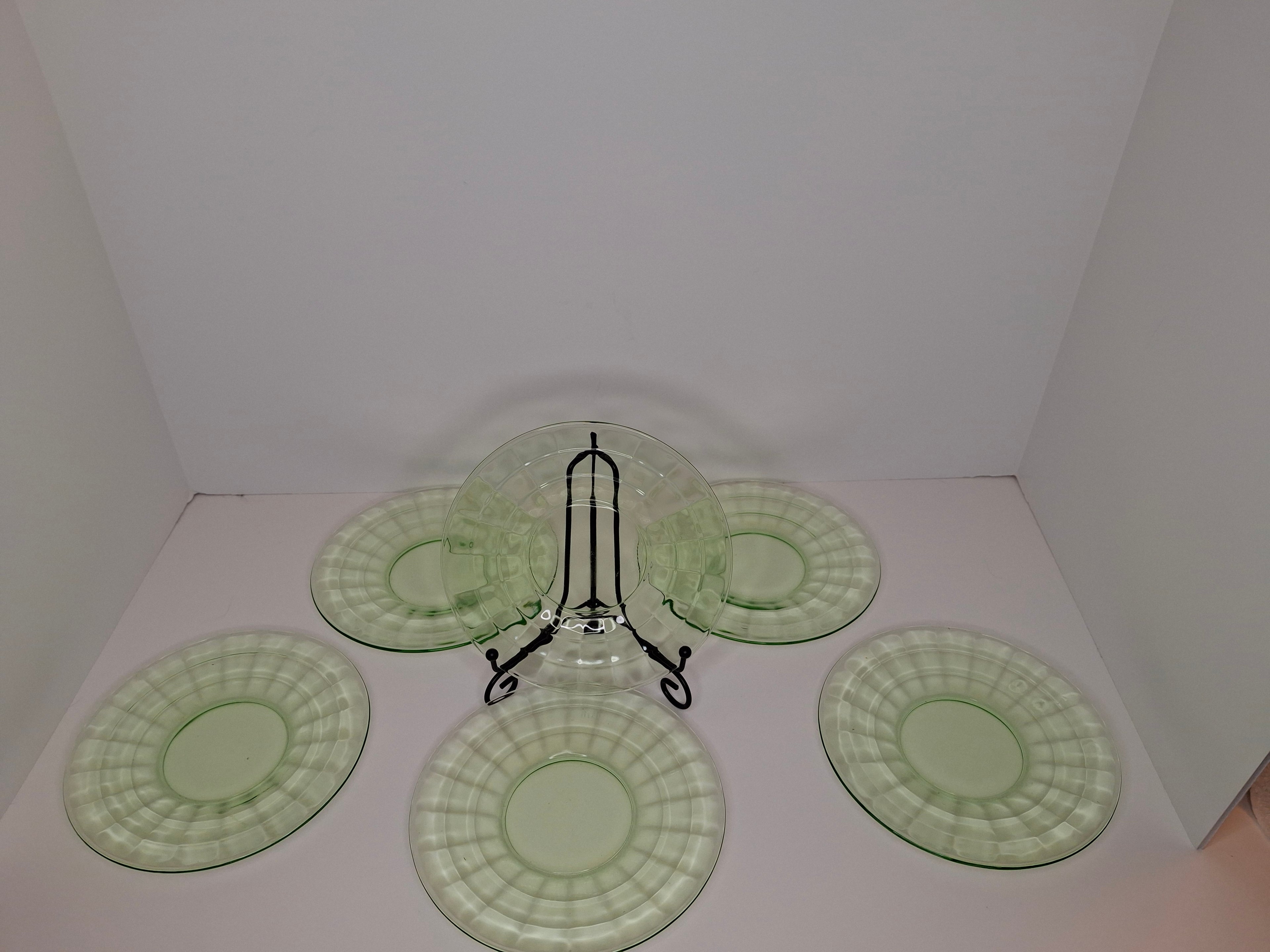 Set of 6 Anchor Hocking Block Optic Green Uranium Depression Glass Dinner Plates