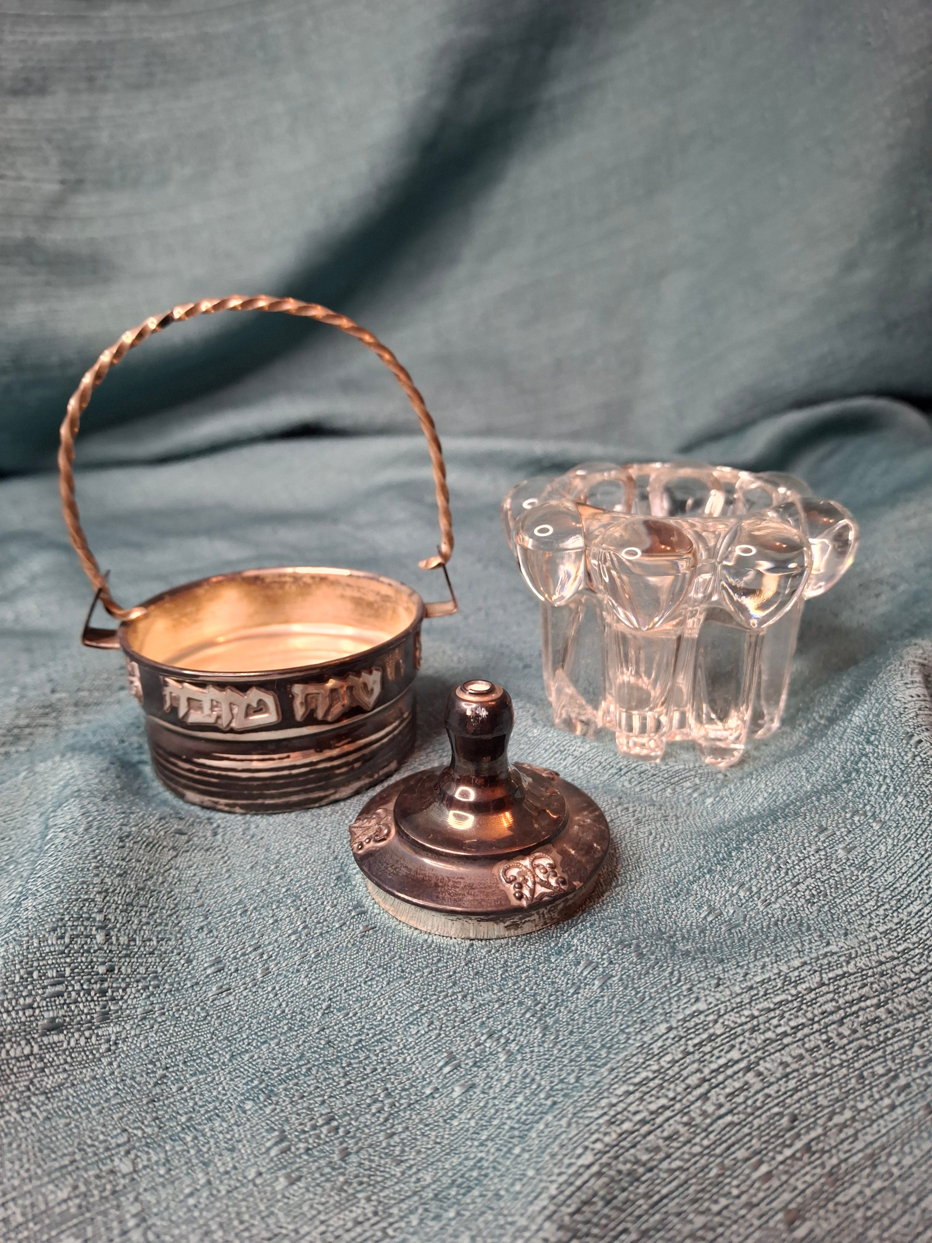 Vintage Yitzhak Bier Israel Sterling Silver Honey Dish Shana Tova Glass Insert 925