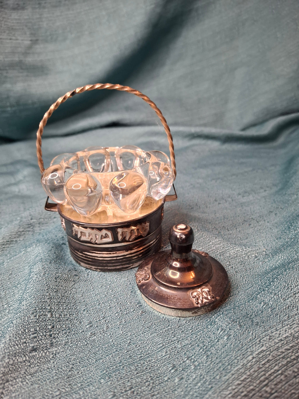 Vintage Yitzhak Bier Israel Sterling Silver Honey Dish Shana Tova Glass Insert 925