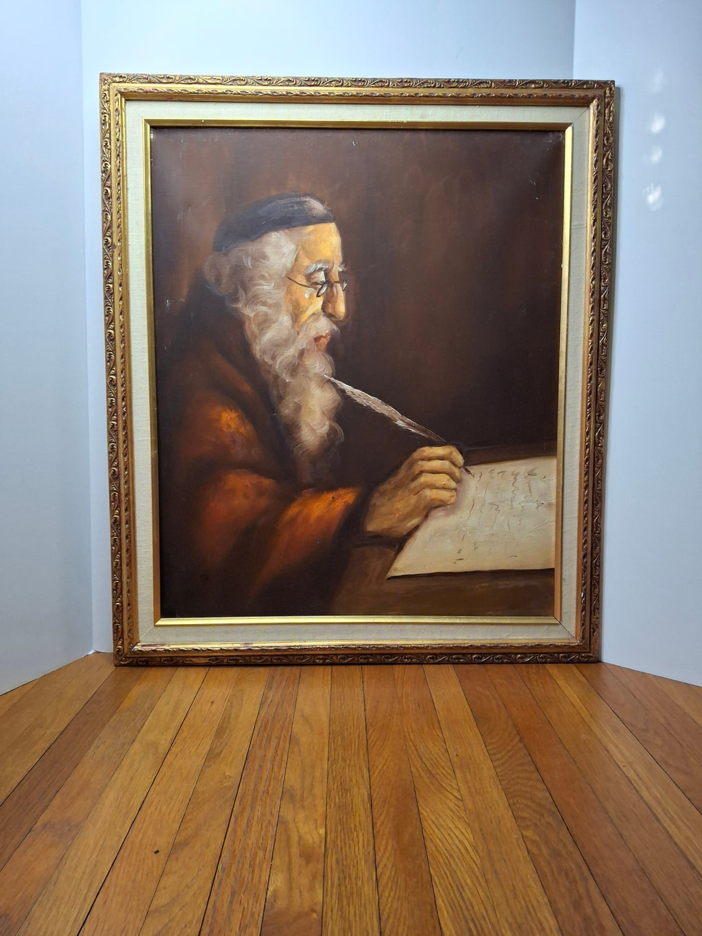 Vintage David Pelbam Oil Painting "The Scholar" Rabbi Writing with Quill Portrait Signed Framed 24x28