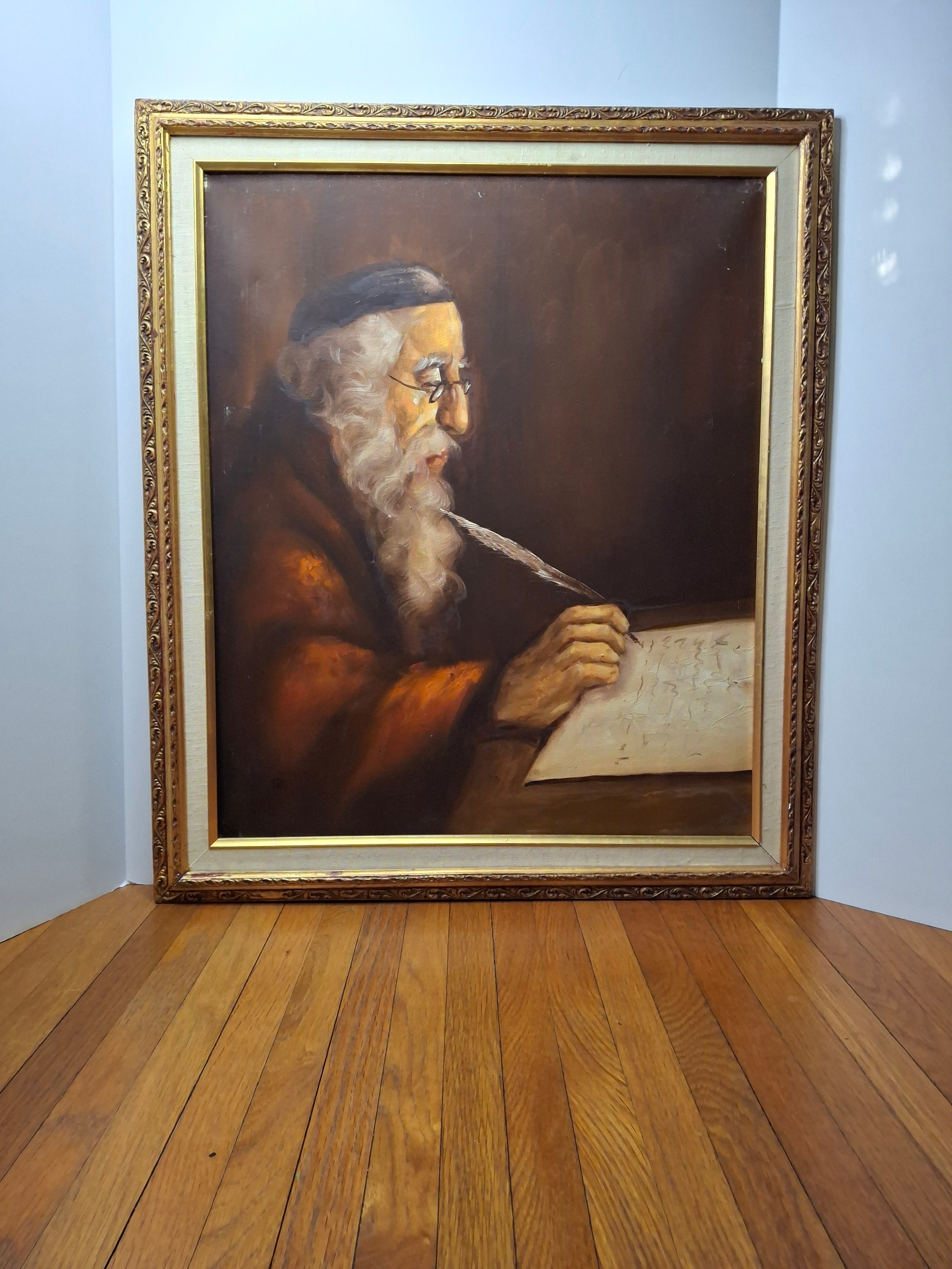 Vintage Original Oil on Canvas Painting - Elderly Rabbi Scribe Writing with Quill, Signed Monogram "GB" with Roof Symbol - Judaica Religious Art