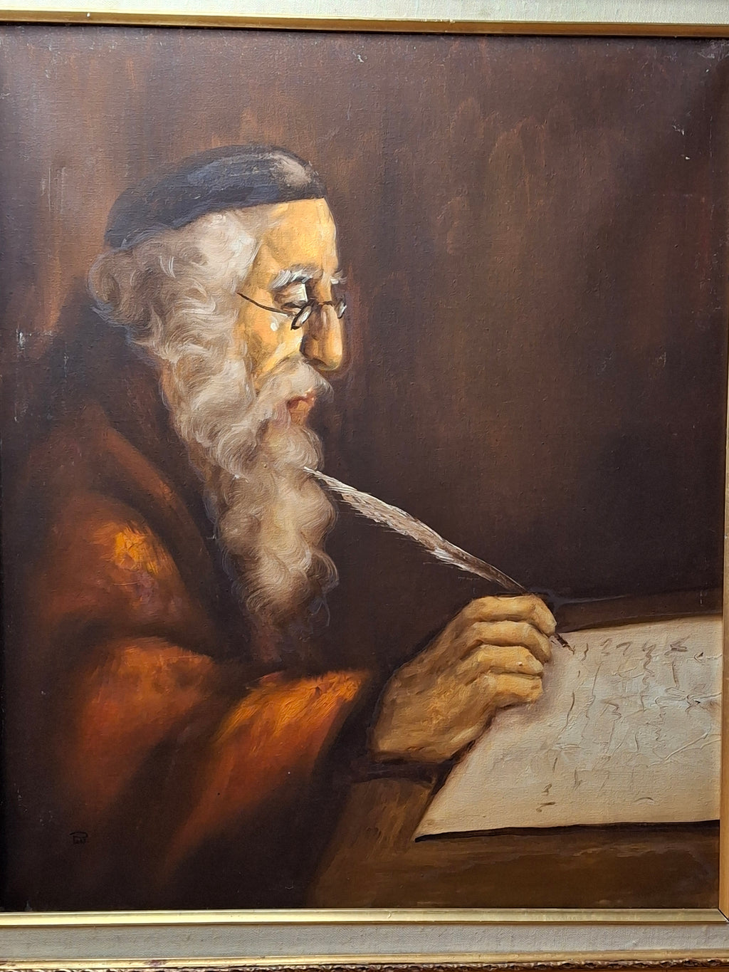 Vintage David Pelbam Oil Painting "The Scholar" Rabbi Writing with Quill Portrait Signed Framed 24x28
