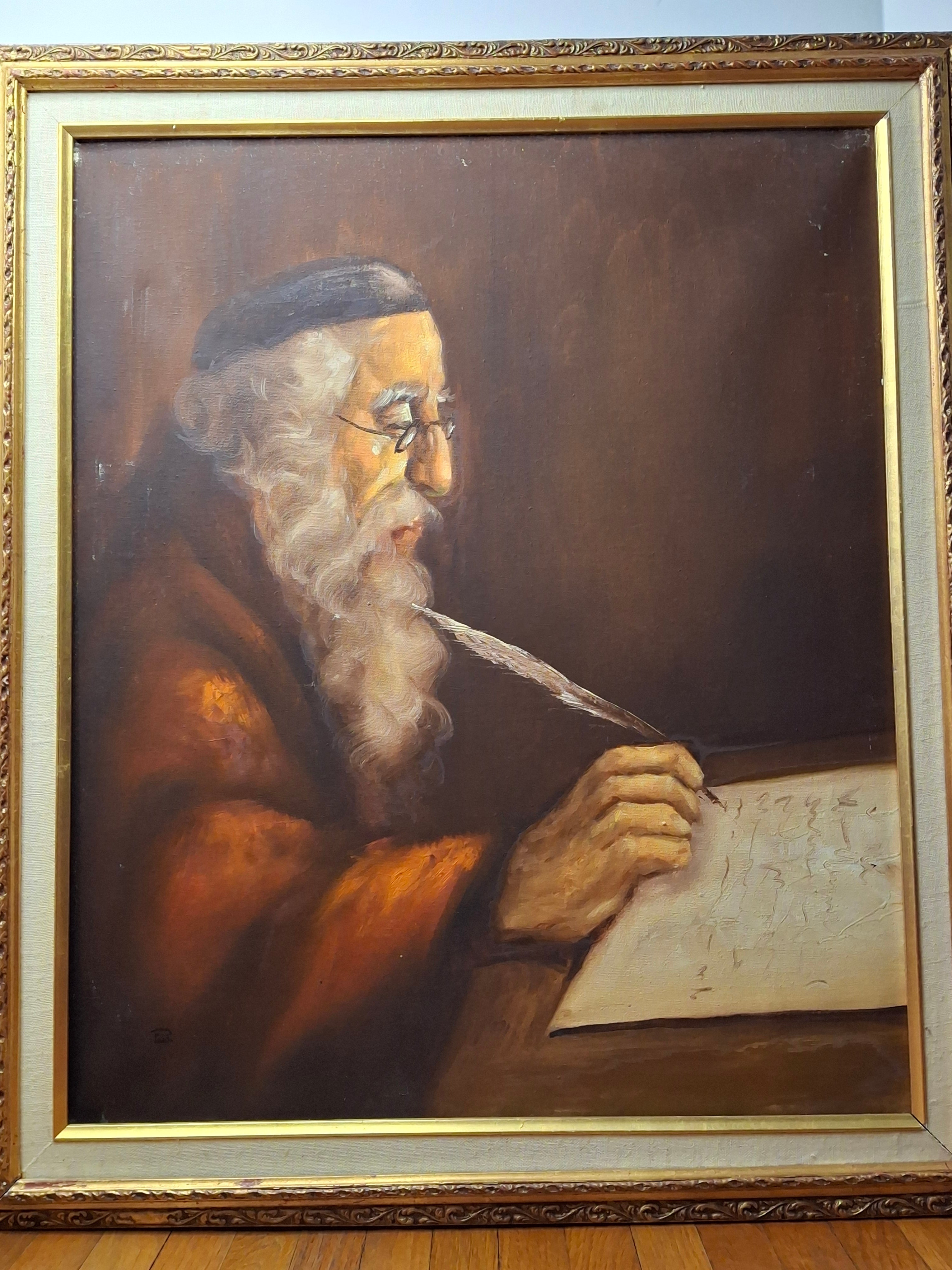 Vintage David Pelbam Oil Painting "The Scholar" Rabbi Writing with Quill Portrait Signed Framed 24x28