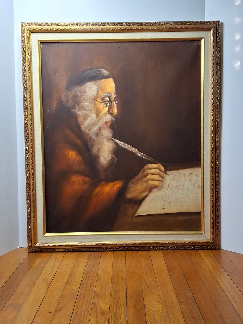Vintage David Pelbam Oil Painting "The Scholar" Rabbi Writing with Quill Portrait Signed Framed 24x28