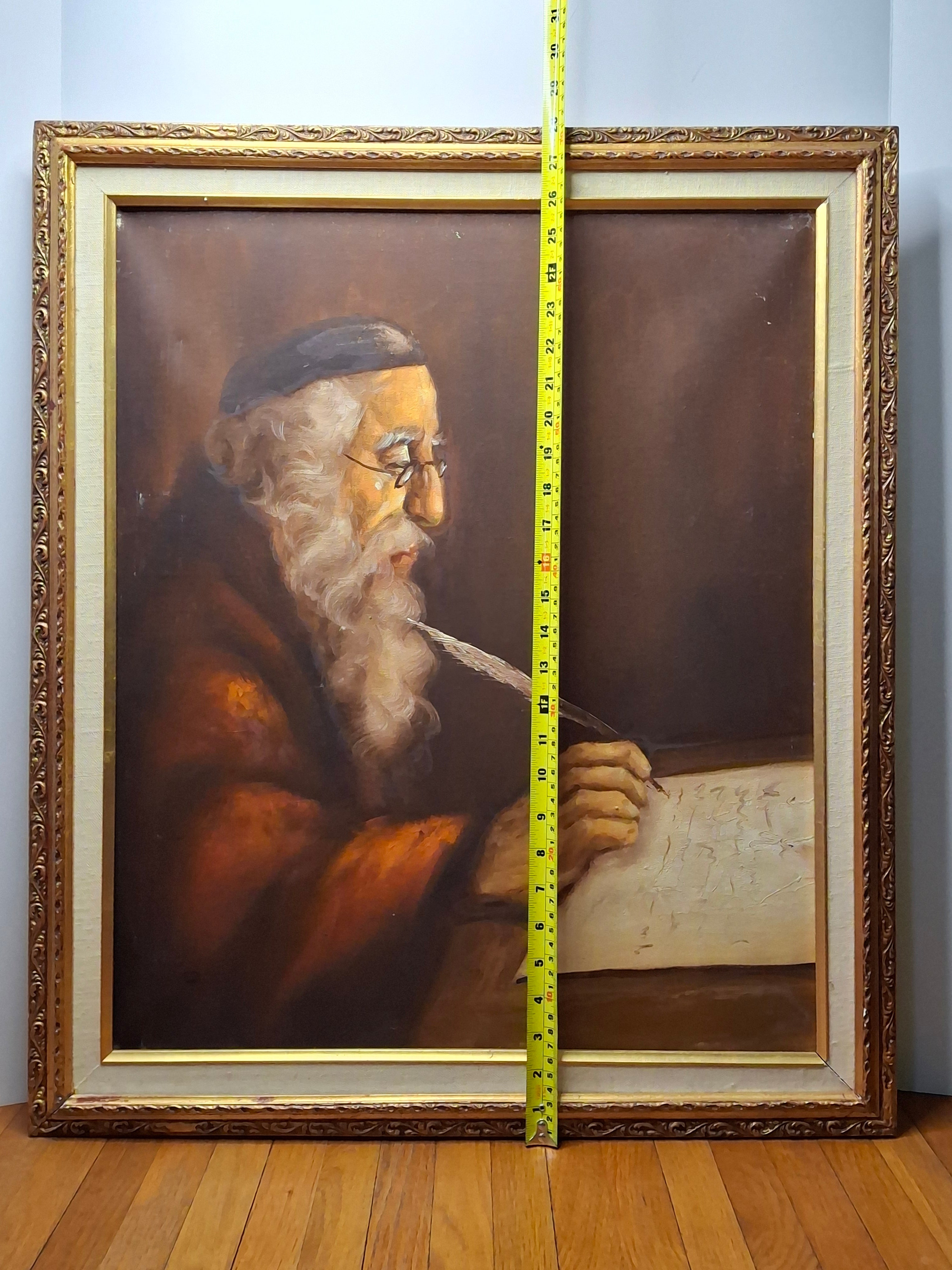 Vintage Original Oil on Canvas Painting - Elderly Rabbi Scribe Writing with Quill, Signed Monogram "GB" with Roof Symbol - Judaica Religious Art