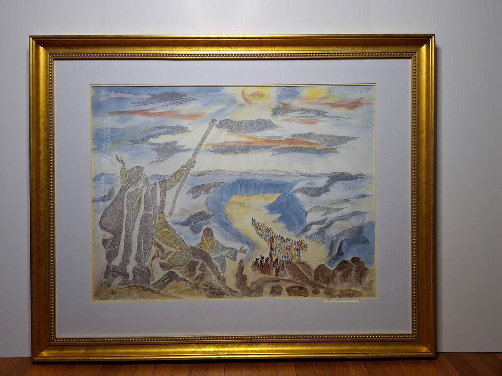 Leon Azoulay Signed Limited Edition Lithograph (125/500) "Parting of the Red Sea" Micro-Calligraphy Judaica Artwork Framed