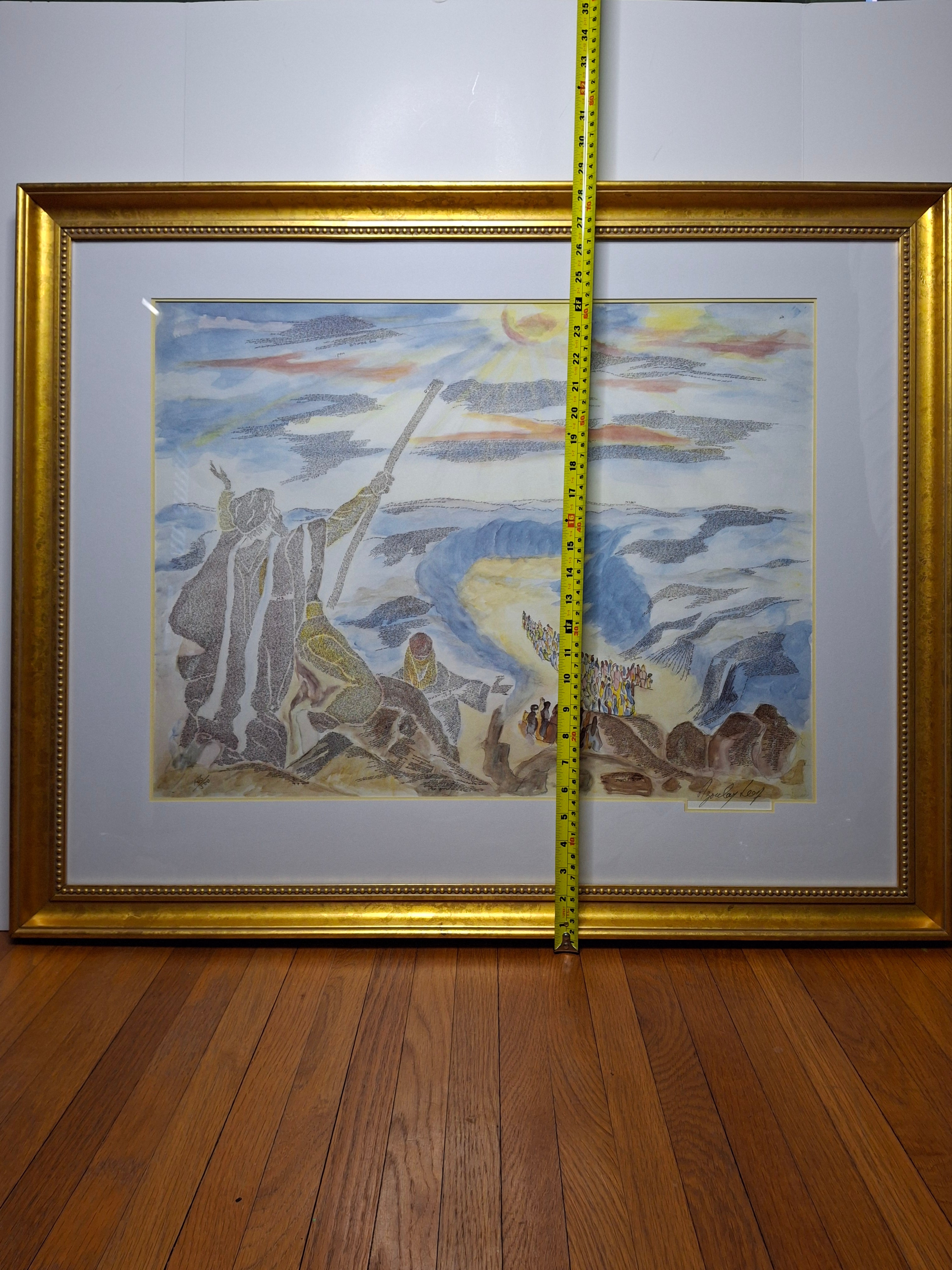 Leon Azoulay Signed Limited Edition Lithograph (125/500) "Parting of the Red Sea" Micro-Calligraphy Judaica Artwork Framed