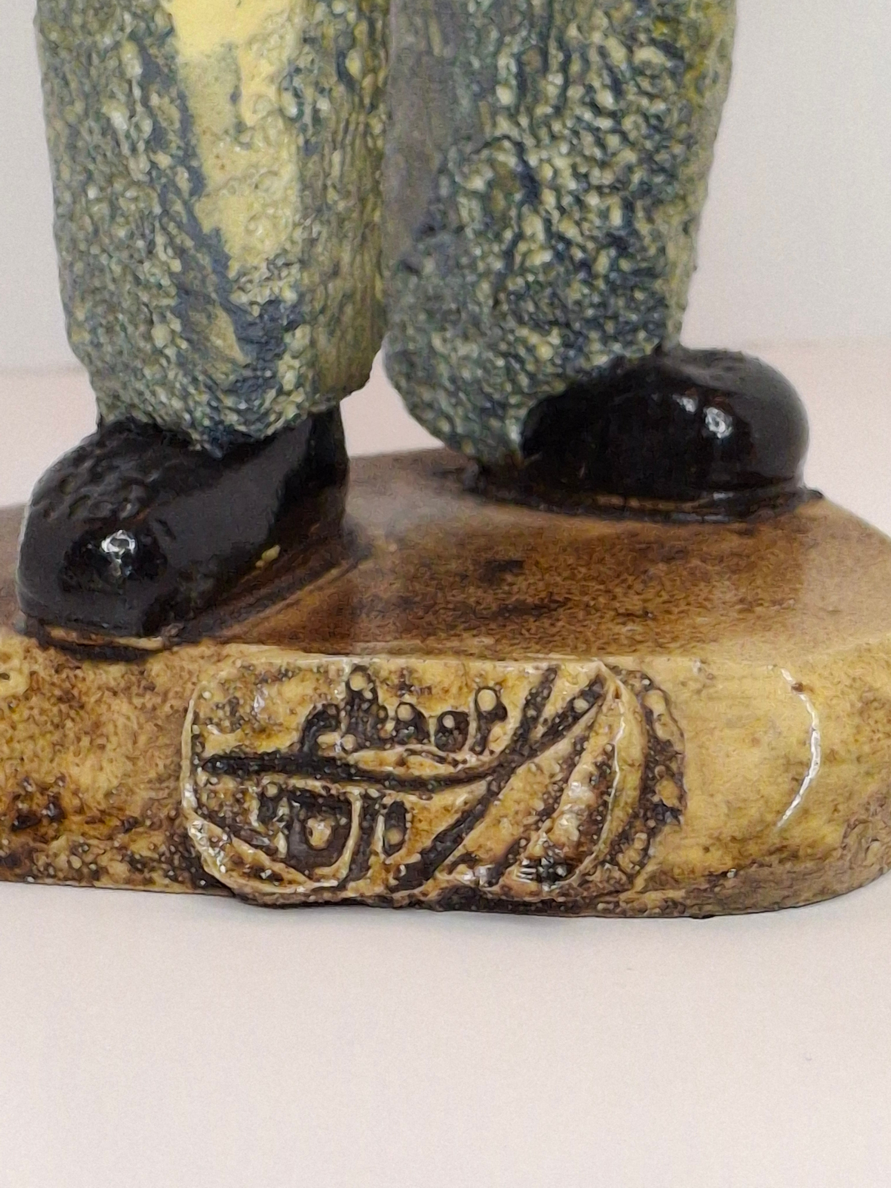 Vintage Yossi Nussbaum Israeli Ceramic Fiddler Sculpture - Judaica Rabbi Musician with Violin Figurine, Signed, Circa 1985