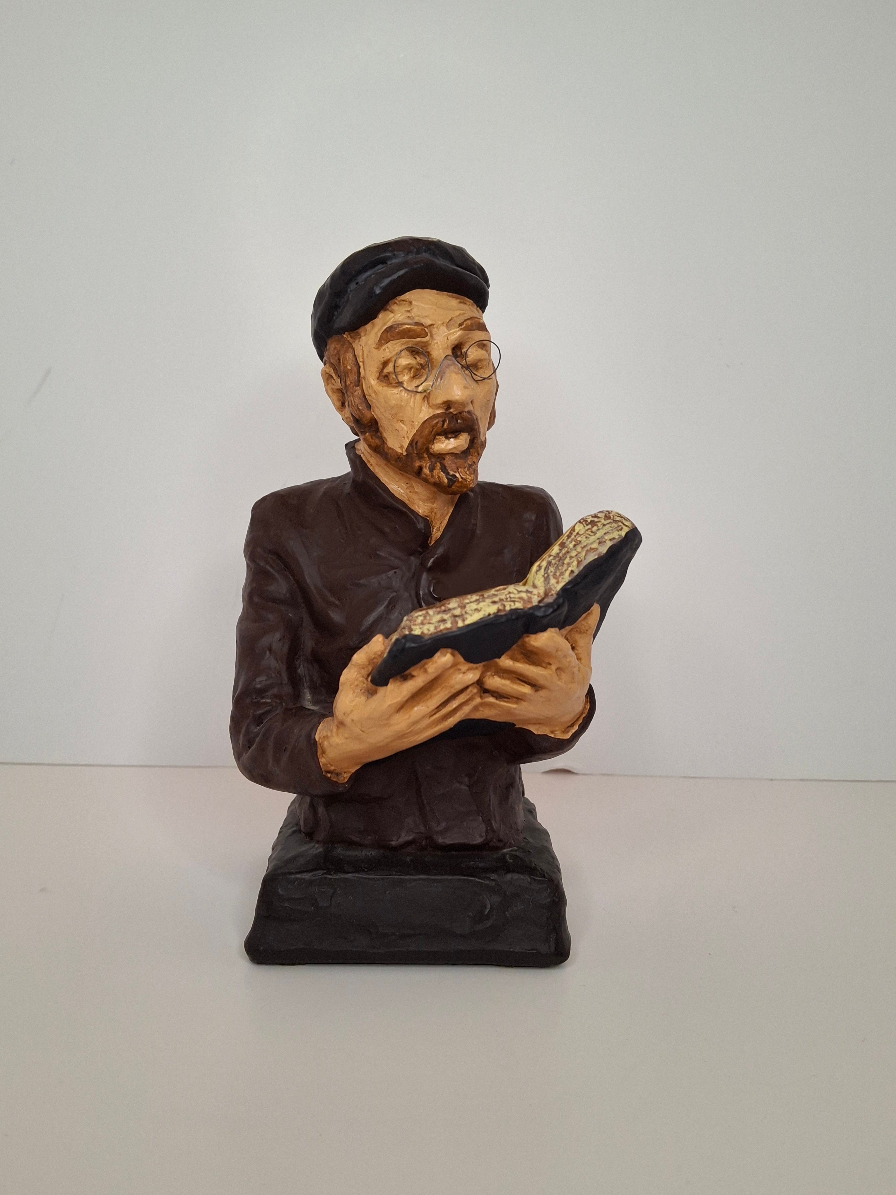 Vintage 1969 David Kaplan Hand-Painted Plaster Sculpture - Rabbi Studying Torah, Judaica Collectible