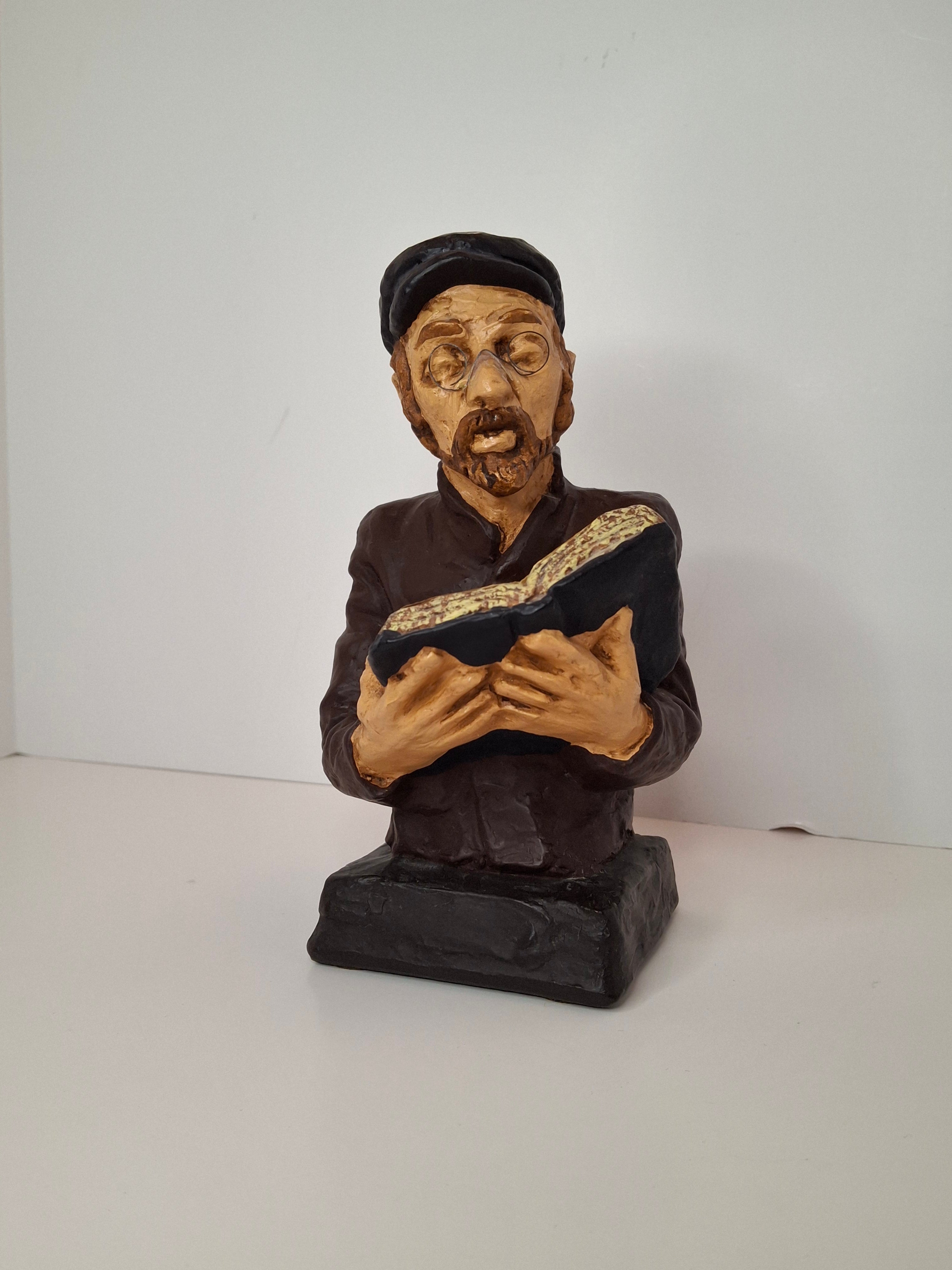 Vintage 1969 David Kaplan Hand-Painted Plaster Sculpture - Rabbi Studying Torah, Judaica Collectible