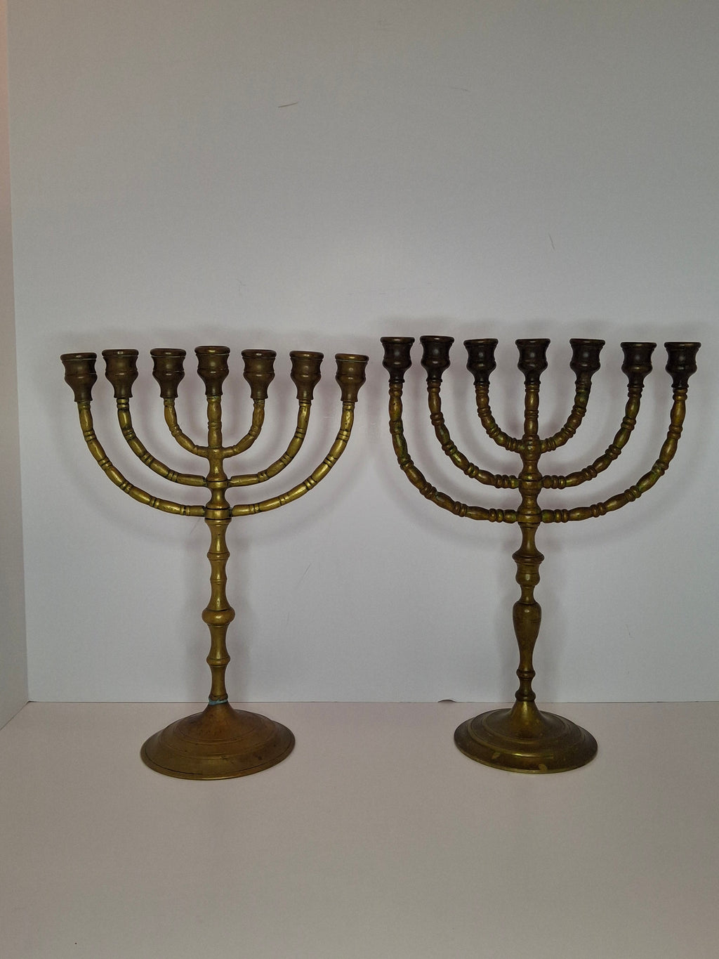 Matching Pair Vintage Brass Menorahs: 7-Branch Temple Judaica Set