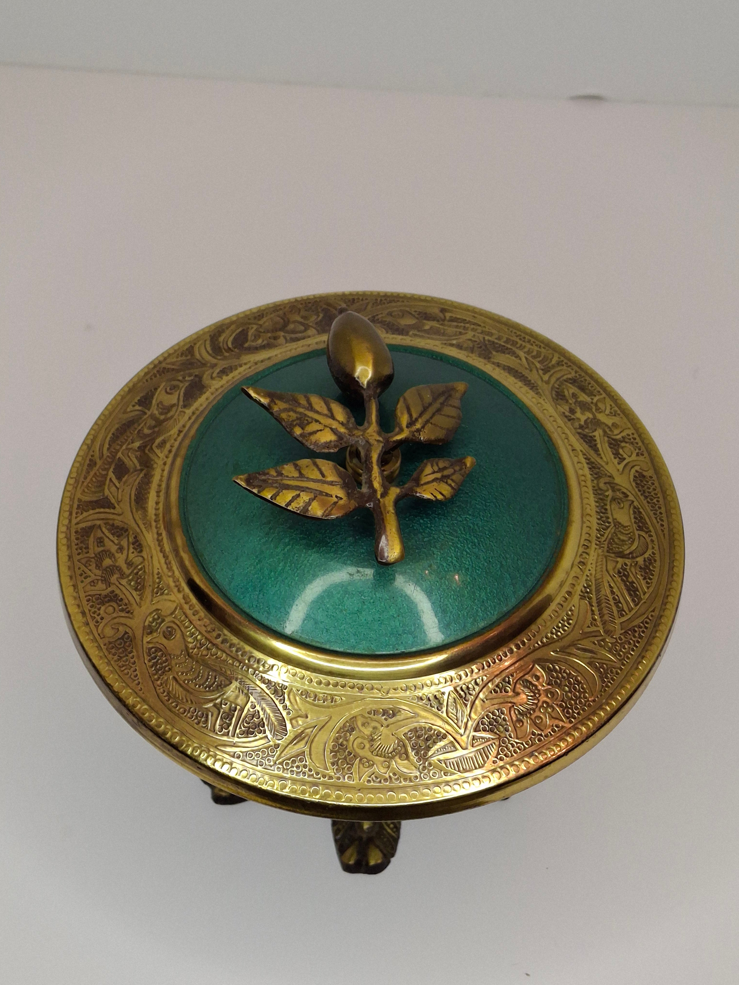 Vintage Sabra Brand Israeli Brass & Turquoise-Green Enamel Lidded Trinket / Candy Bowl with Leaf Finial - Made in Israel, Mid-Century Judaica Decor